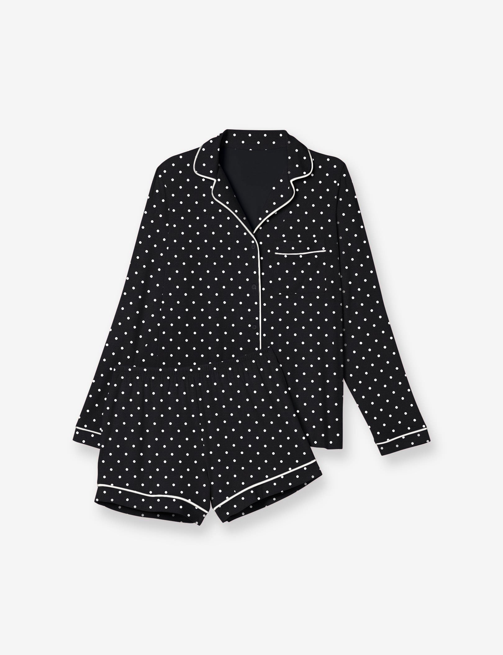 Women's Long Sleeve Top & Short Pajama Set::Black Polka Dot