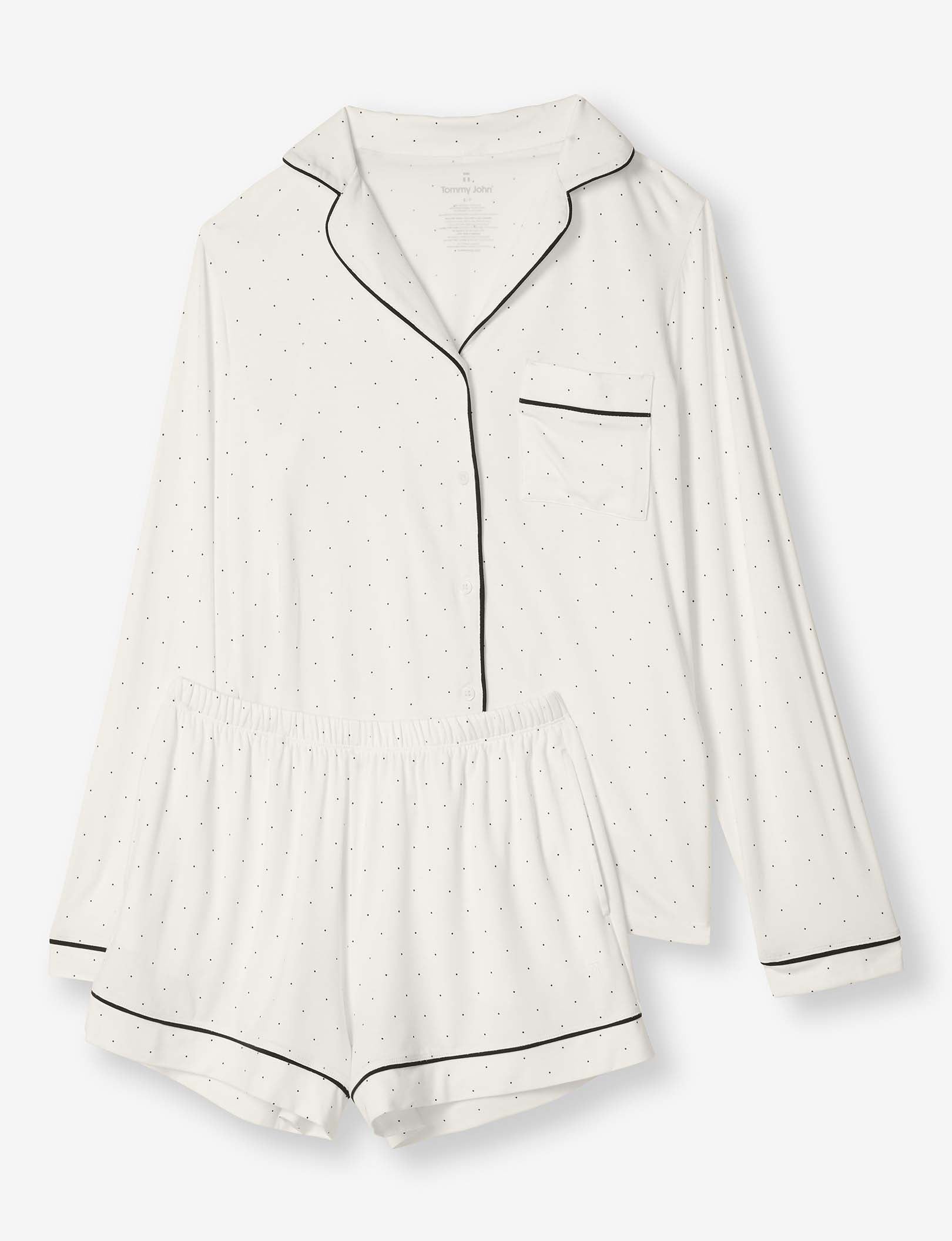 Women's Long Sleeve Top & Short Pajama Set::Snow White Mini Polka Dot