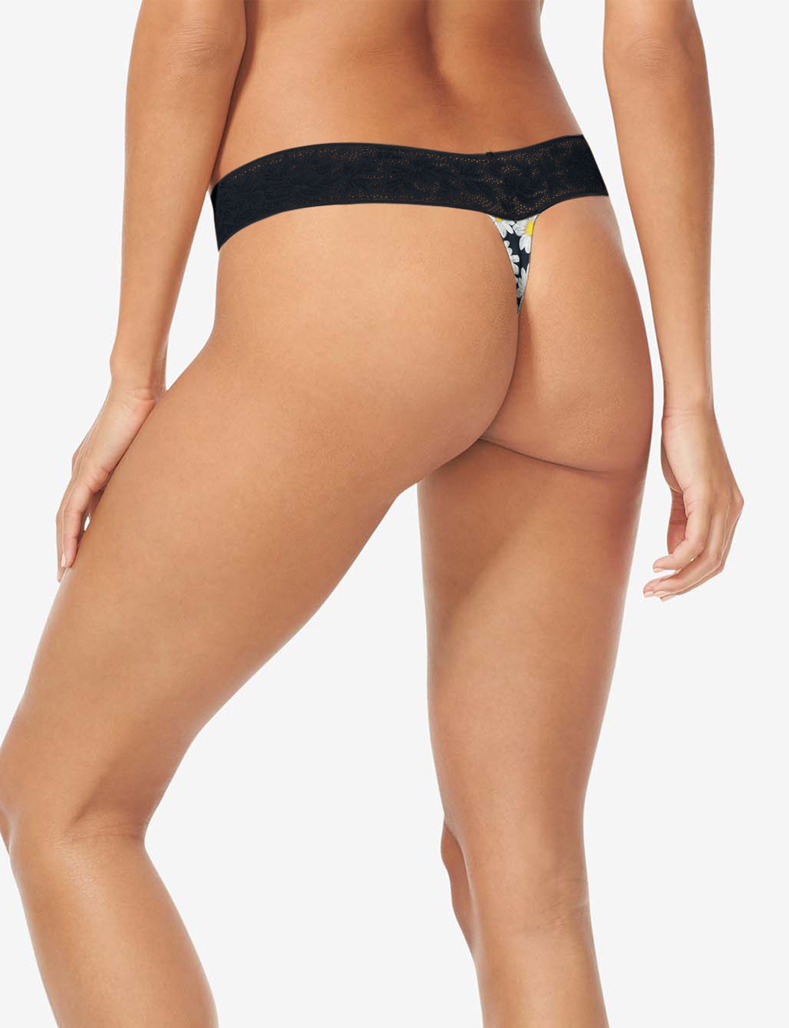 Women's Second Skin Thong, Lace Waist::Black English Daisy Lace Waist