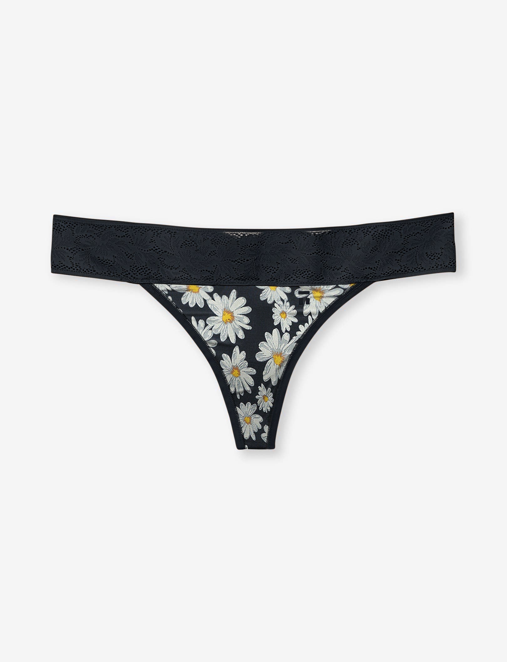 Women's Second Skin Thong, Lace Waist::Black English Daisy Lace Waist