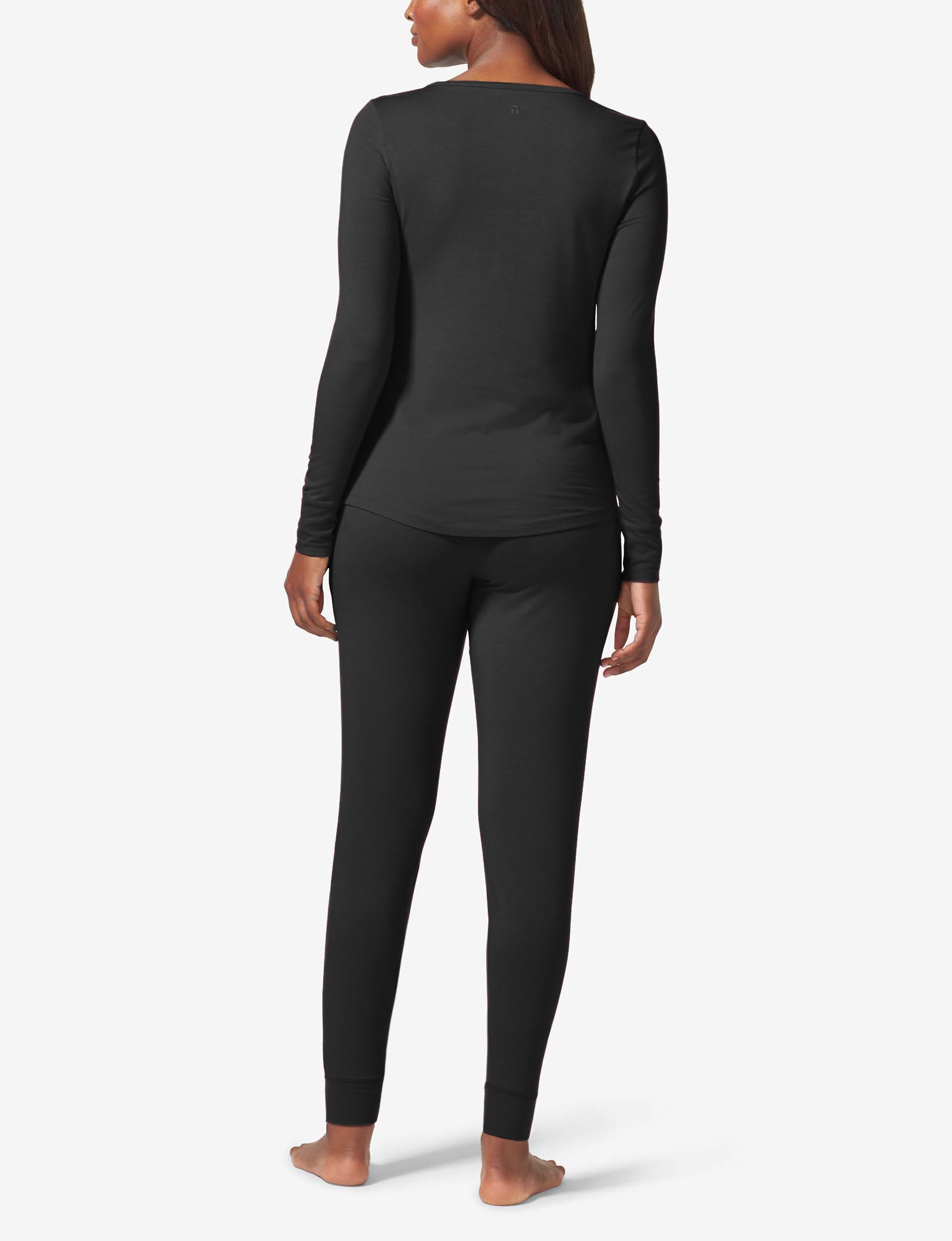 Women's Long Sleeve Top and Pant Essential Pajama Set::Black