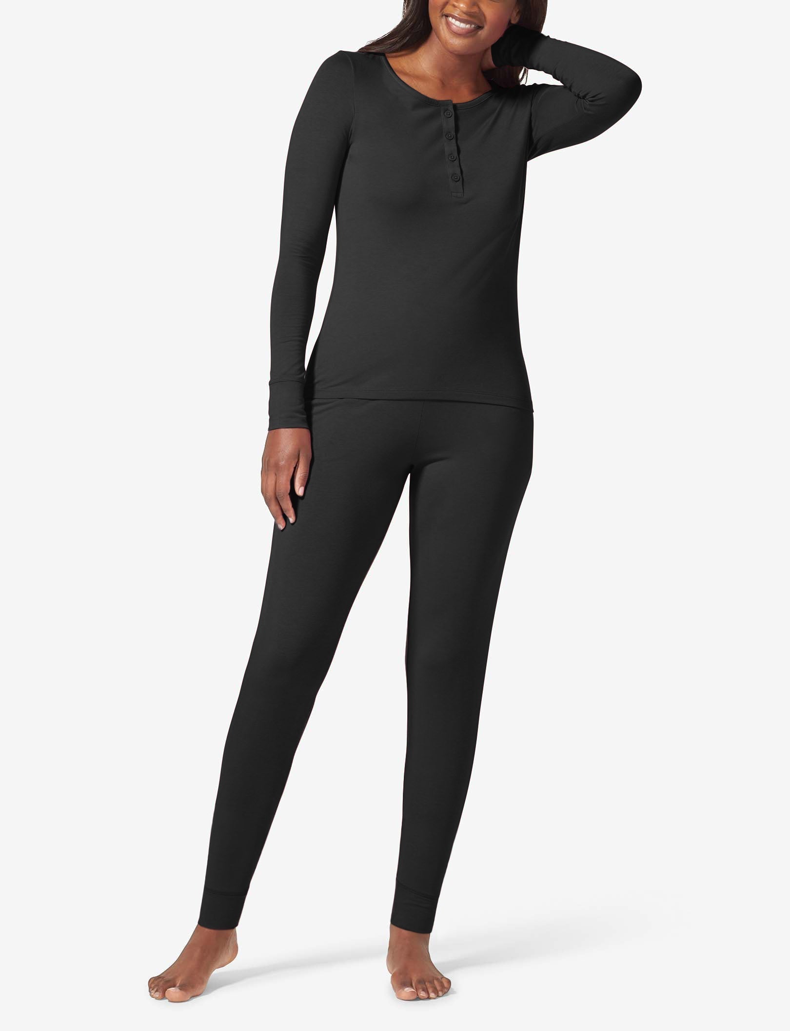 Women's Long Sleeve Top and Pant Essential Pajama Set::Black