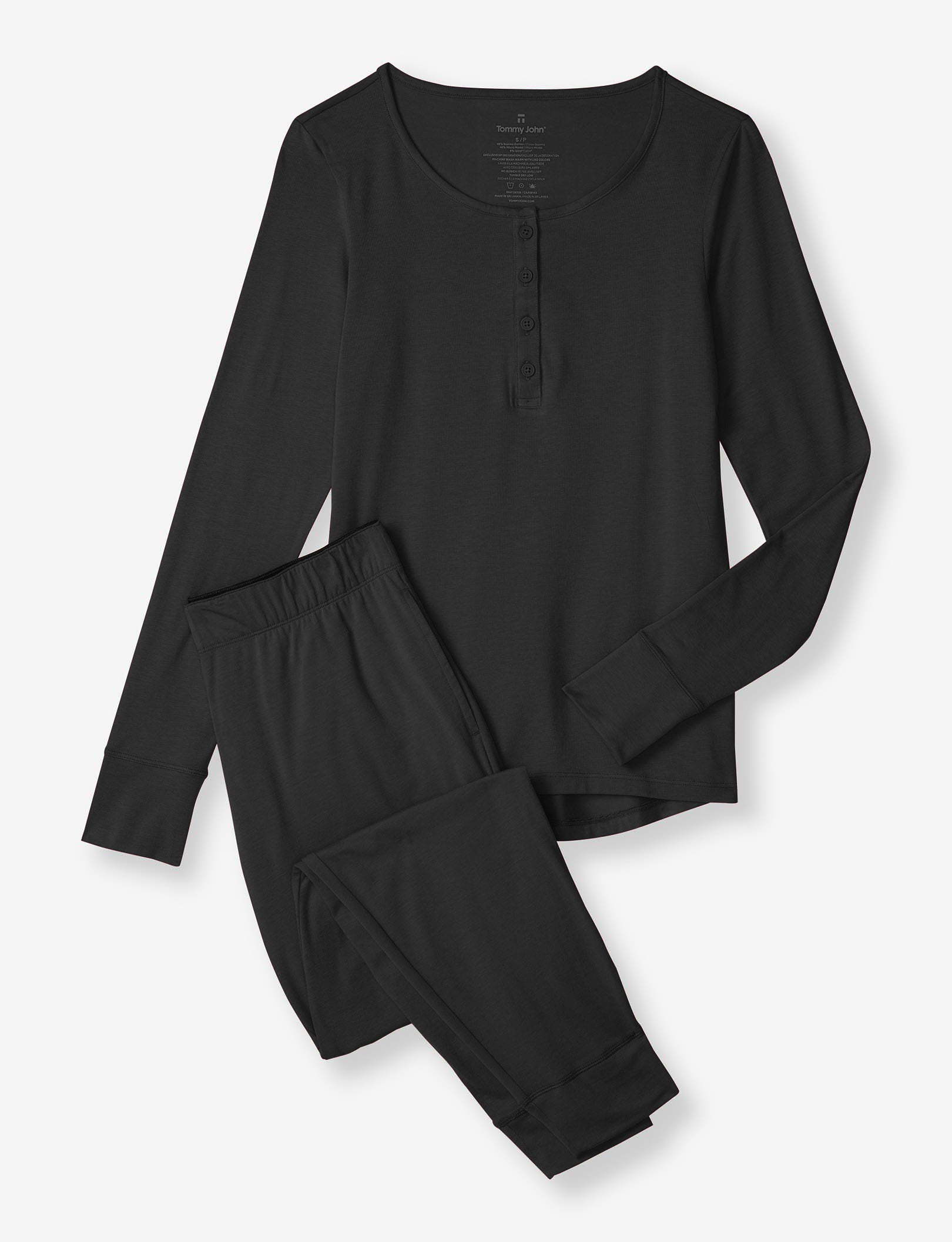 Women's Long Sleeve Top and Pant Essential Pajama Set::Black
