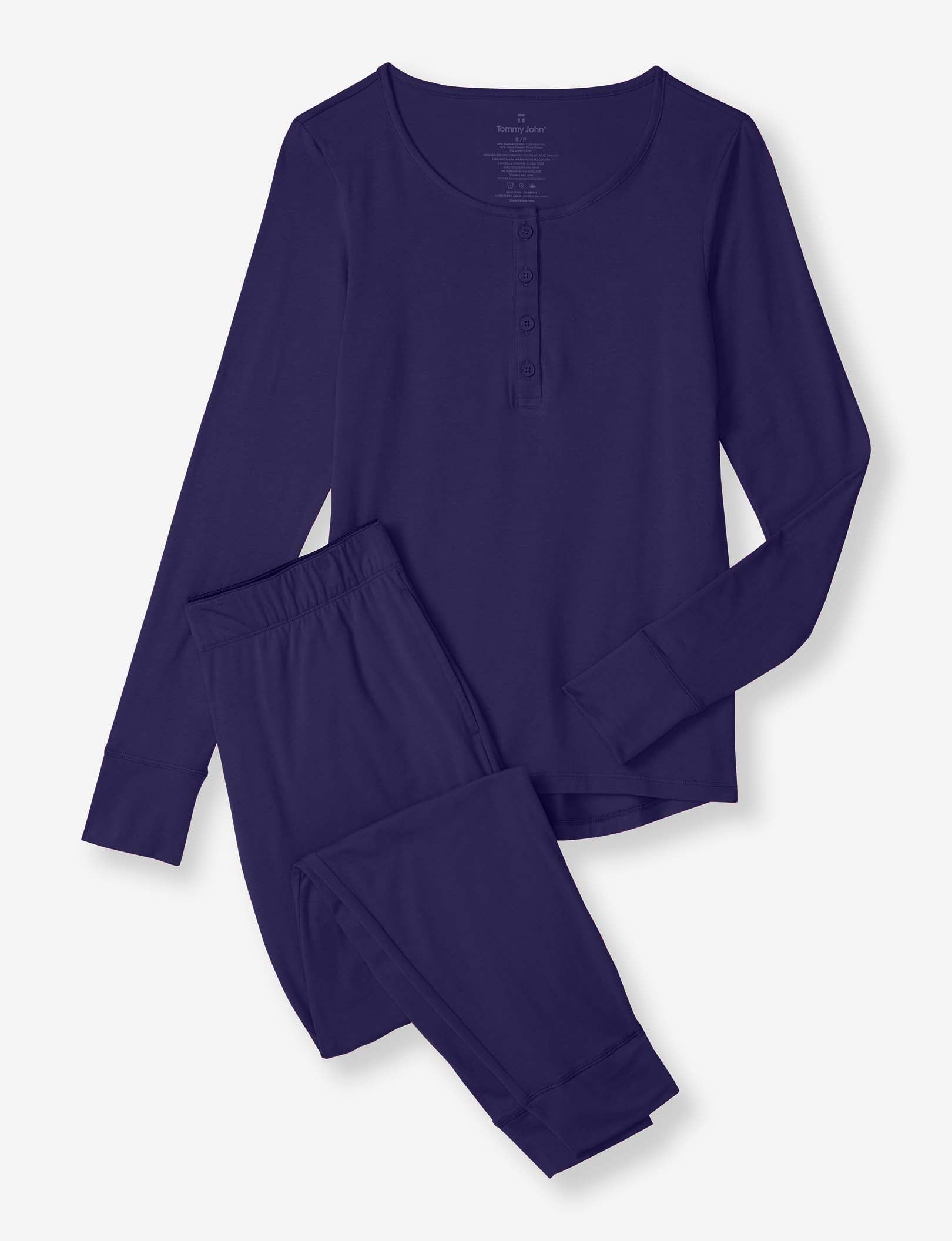 Women's Long Sleeve Top and Pant Essential Pajama Set::Evening Blue