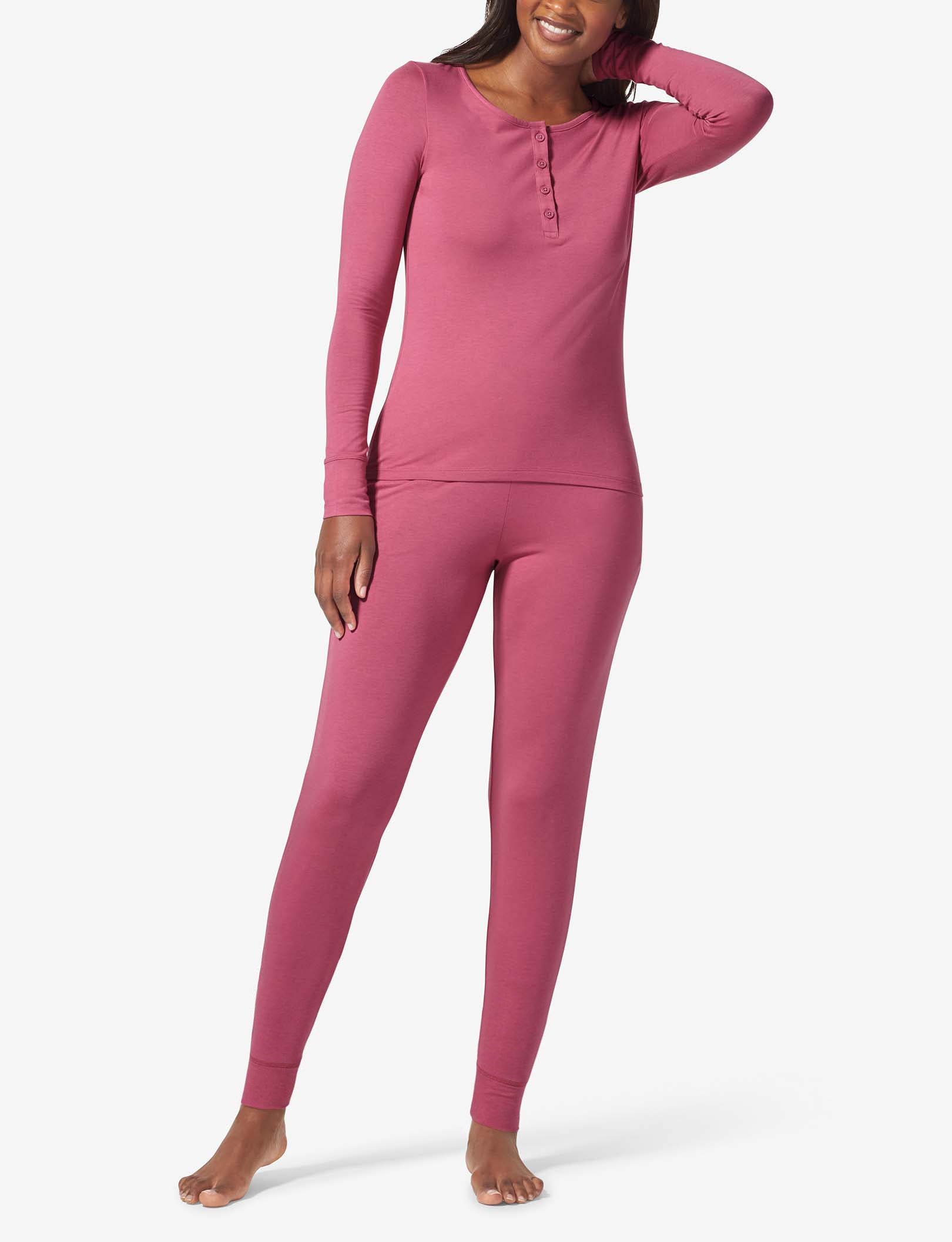 Women's Long Sleeve Top and Pant Essential Pajama Set::Red Violet