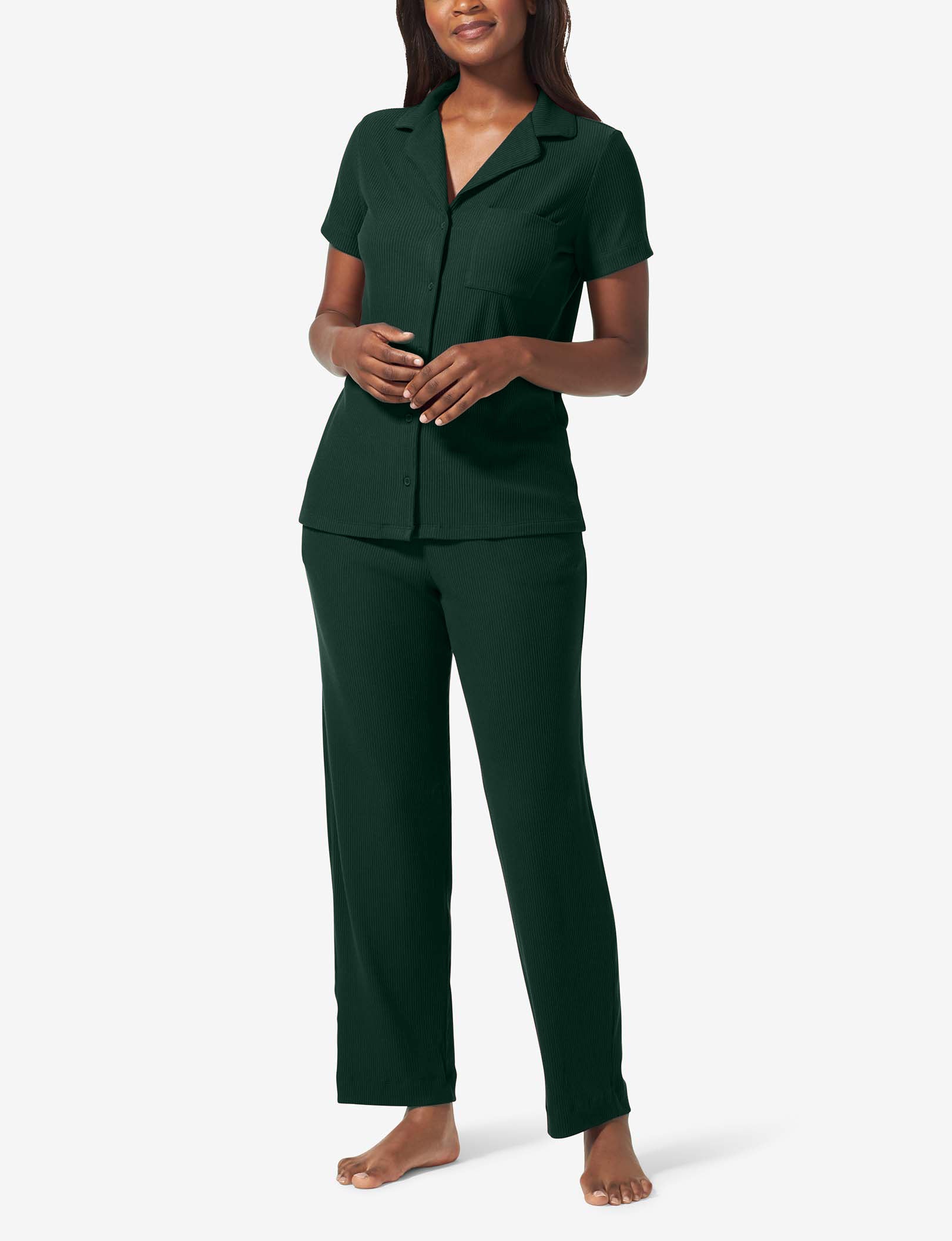 Women's Zen Ribbed Short Sleeve Top and Pant Pajama Set::Pine Grove