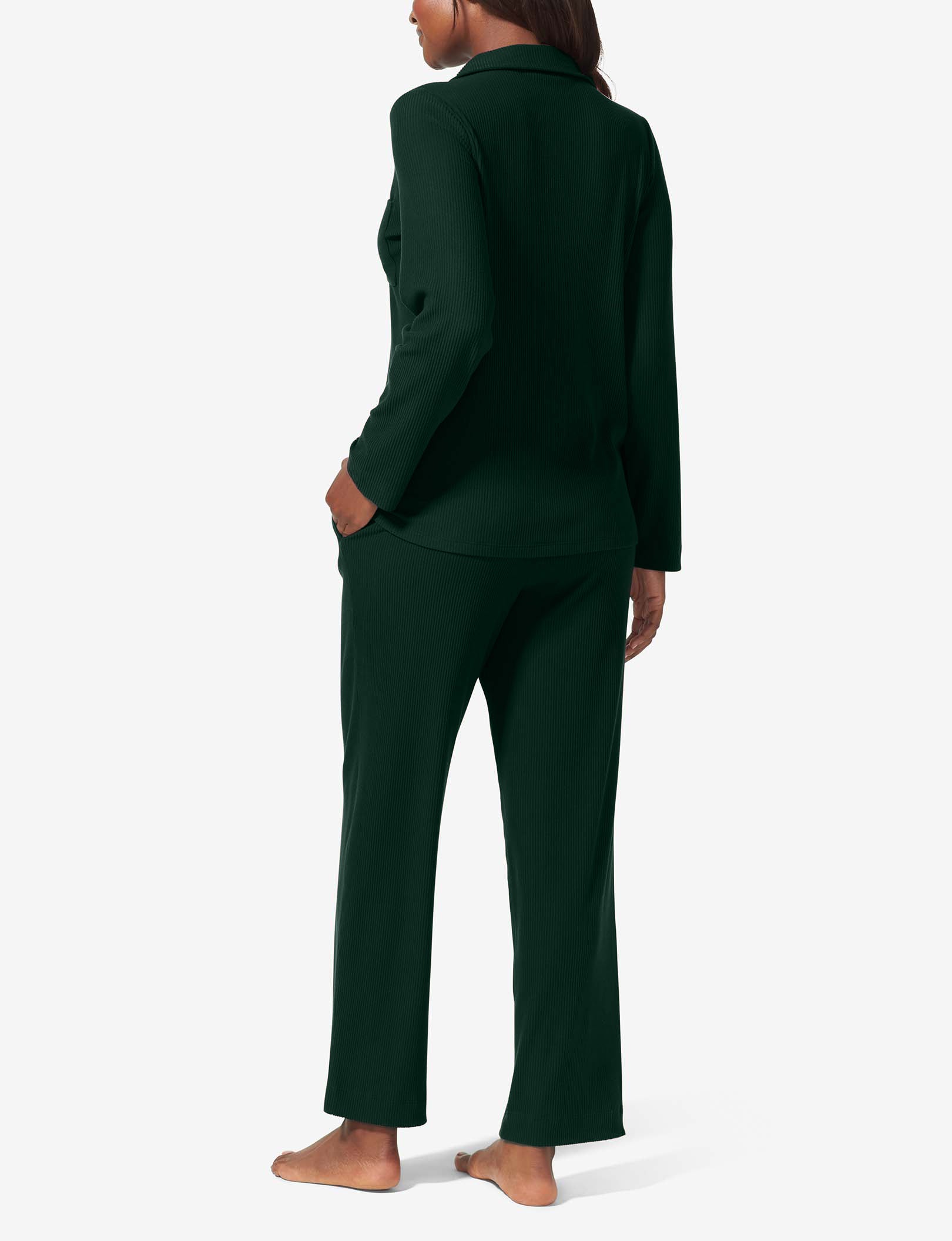 Women's Zen Ribbed Long Sleeve Top and Pant Pajama Set::Pine Grove