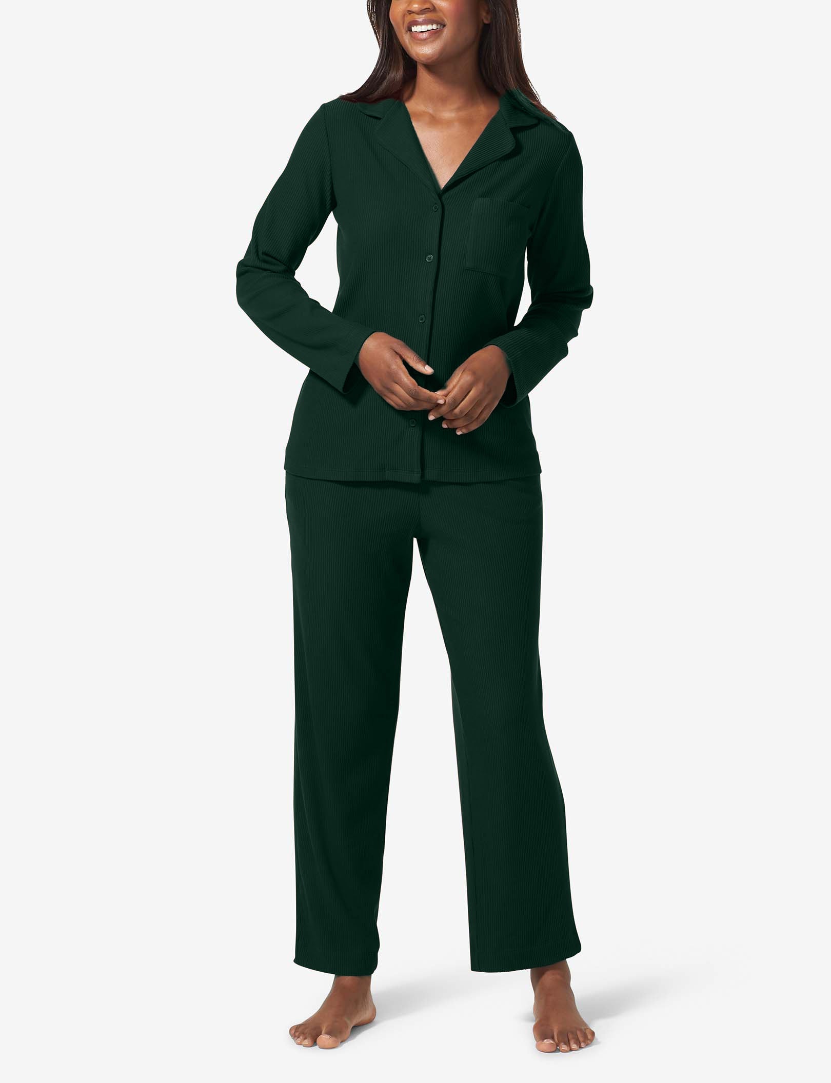Women's Zen Ribbed Long Sleeve Top and Pant Pajama Set::Pine Grove