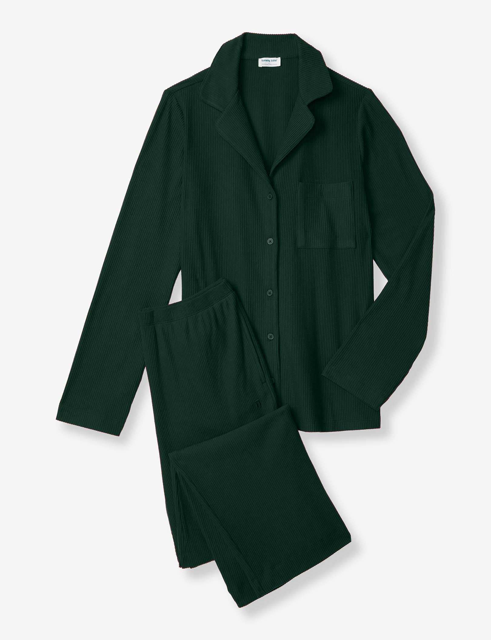 Women's Zen Ribbed Long Sleeve Top and Pant Pajama Set::Pine Grove