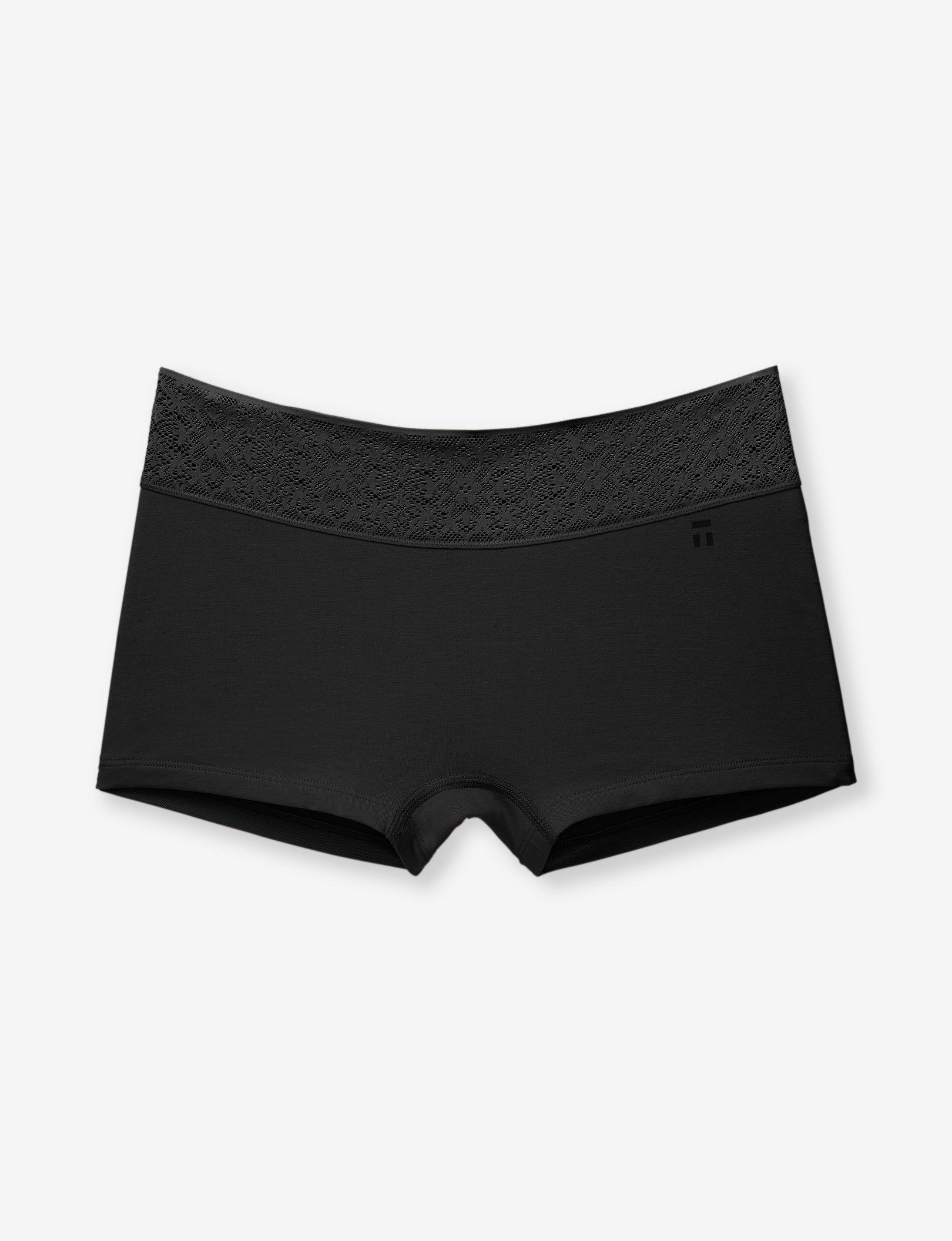 Women's Cool Cotton Boyshort, Lace Waist::Black Lace Waist