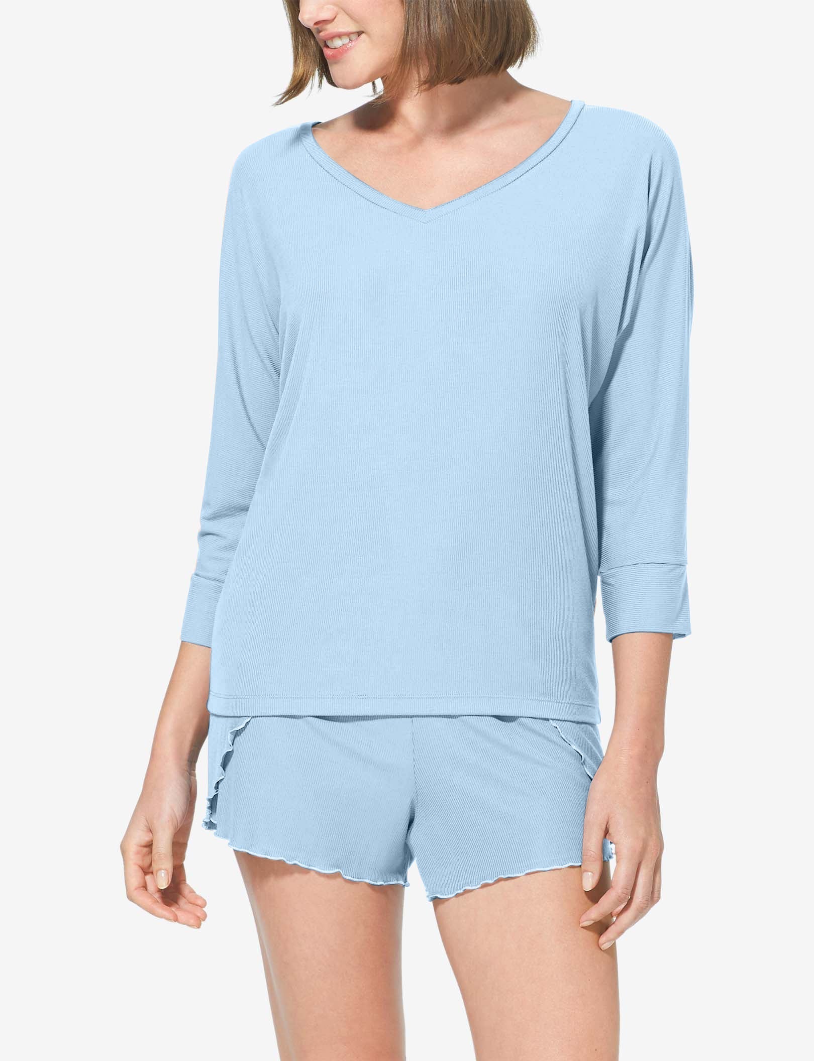 Women's Second Skin V-Neck Sleep Tee, Micro Rib::Cerulean Micro Rib
