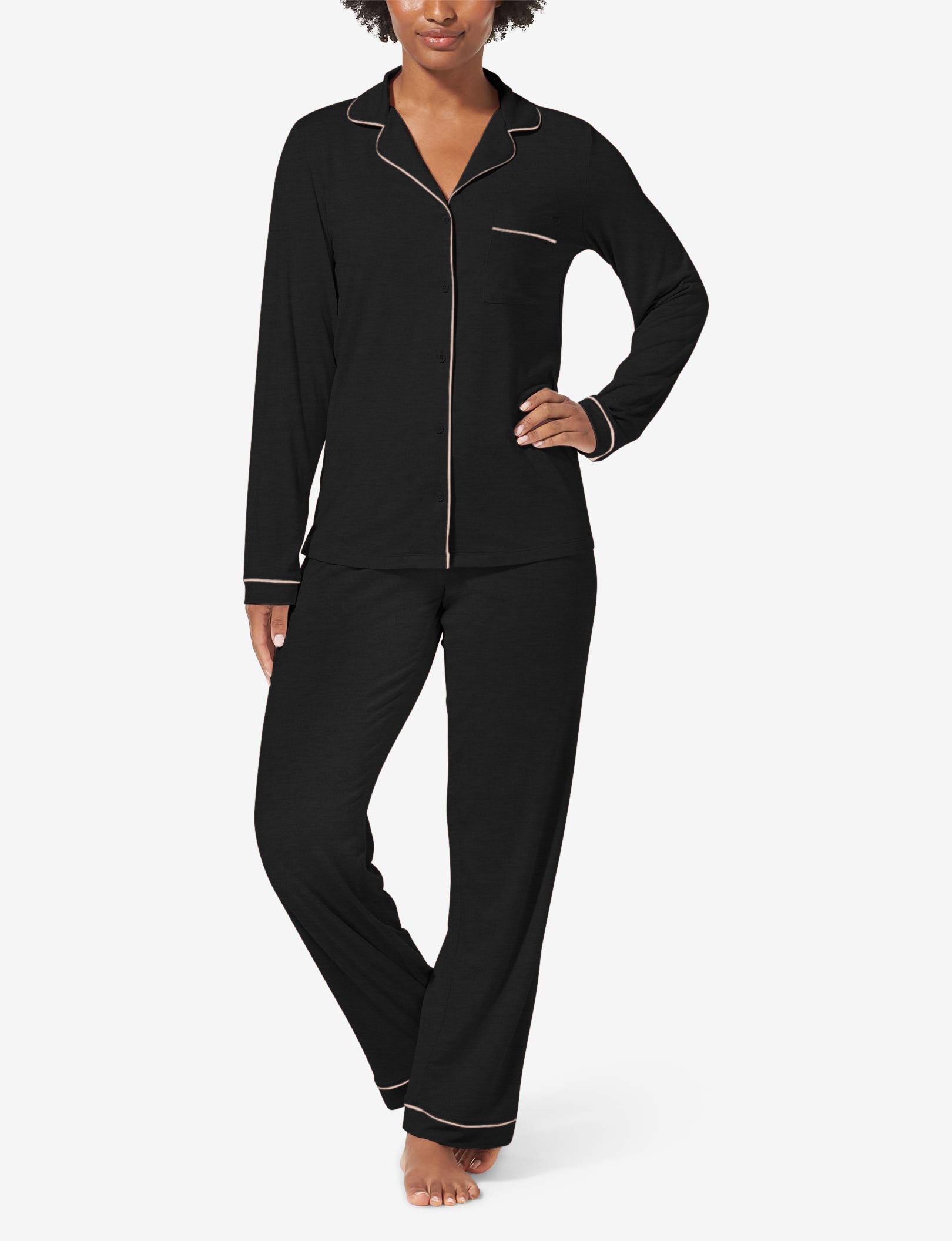 Women's Long Sleeve Top & Pant Pajama Set::Black
