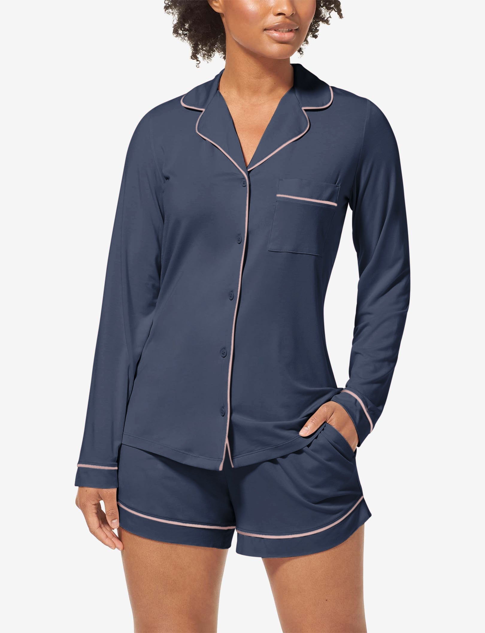 Women's Long Sleeve Top & Short Pajama Set::Dress Blues