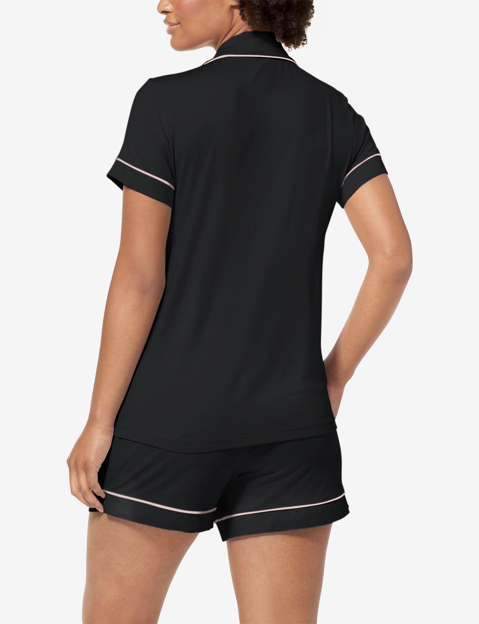 Women's Short Sleeve Top & Short Pajama Set::Black