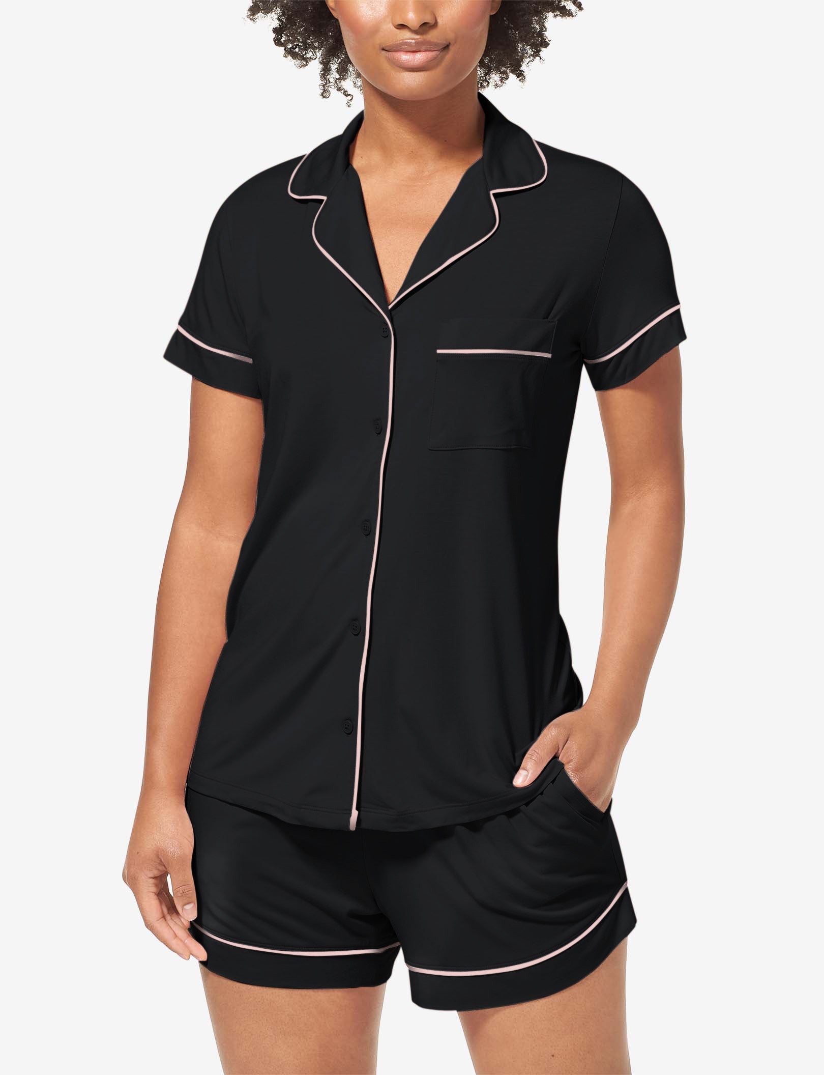 Women's Short Sleeve Top & Short Pajama Set::Black