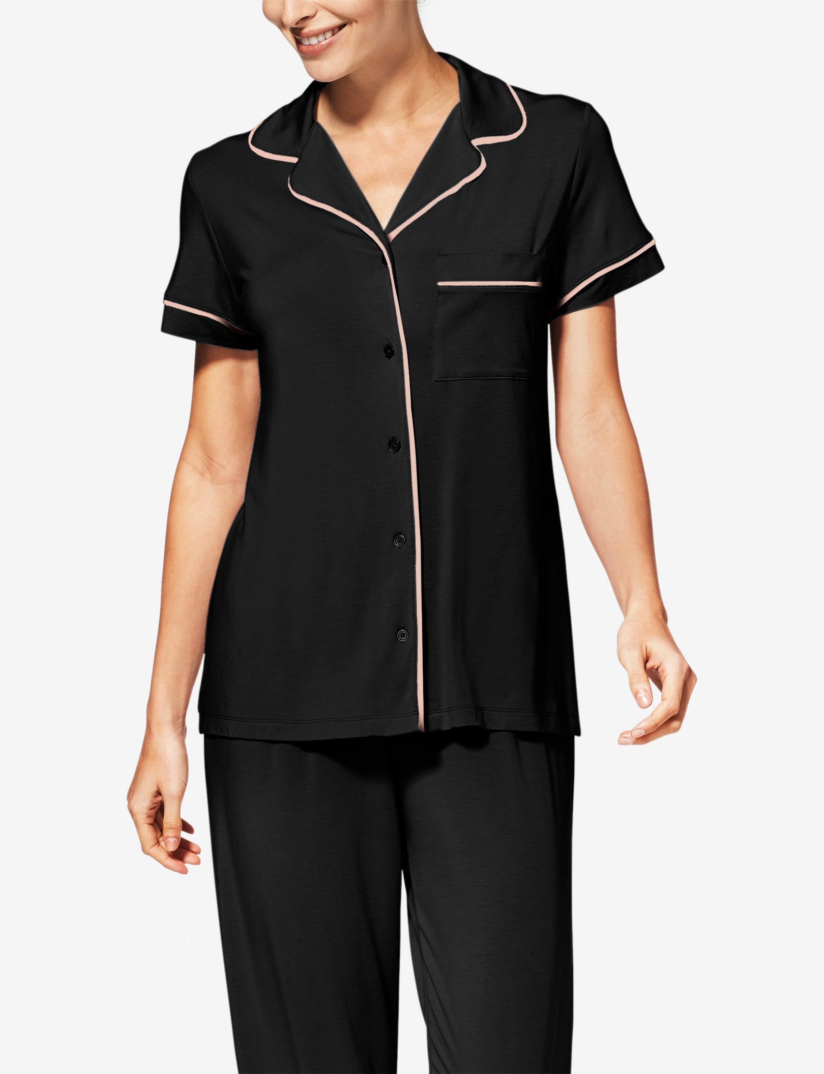 Women's Short Sleeve Top & Pant Pajama Set::Black