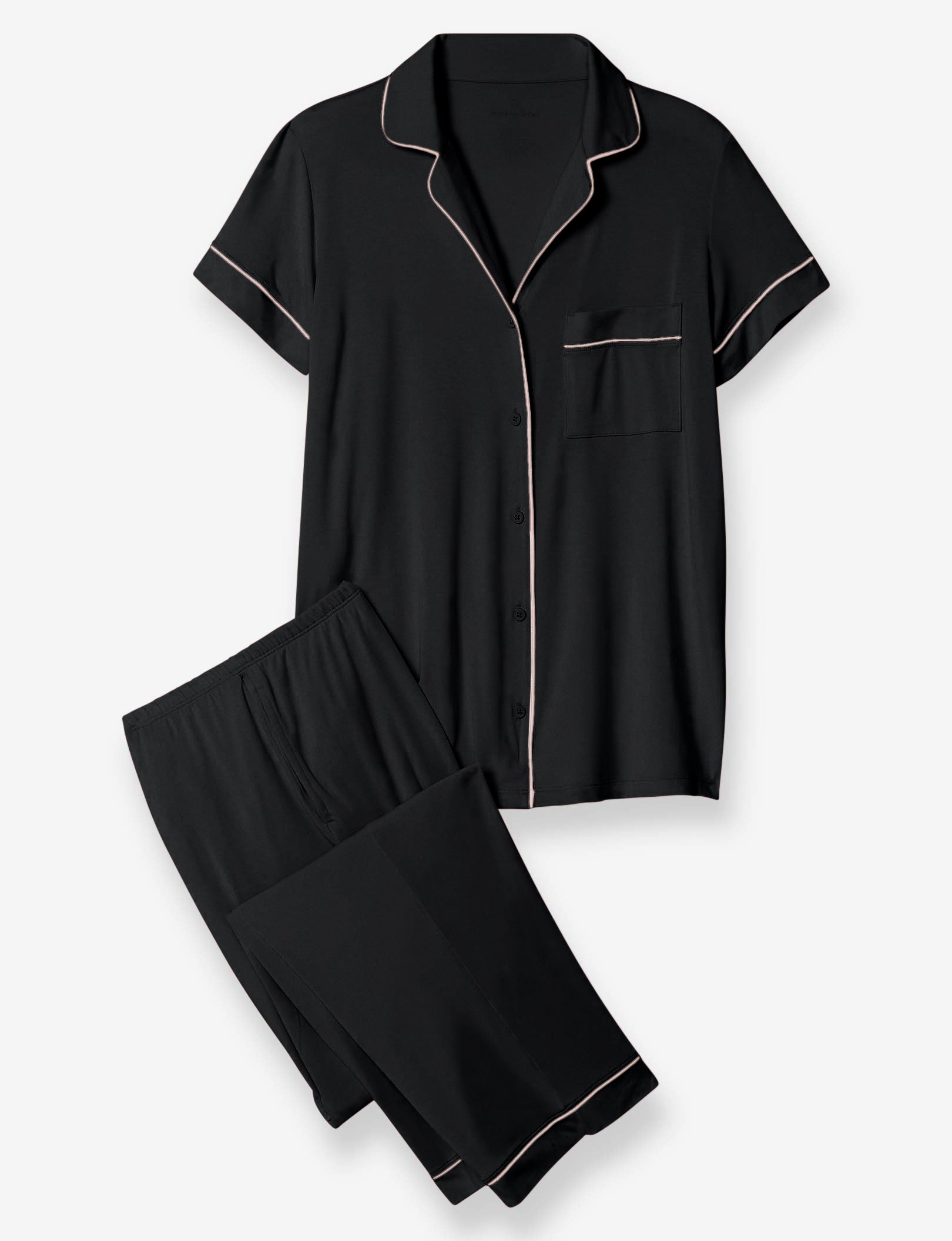 Women's Short Sleeve Top & Pant Pajama Set::Black