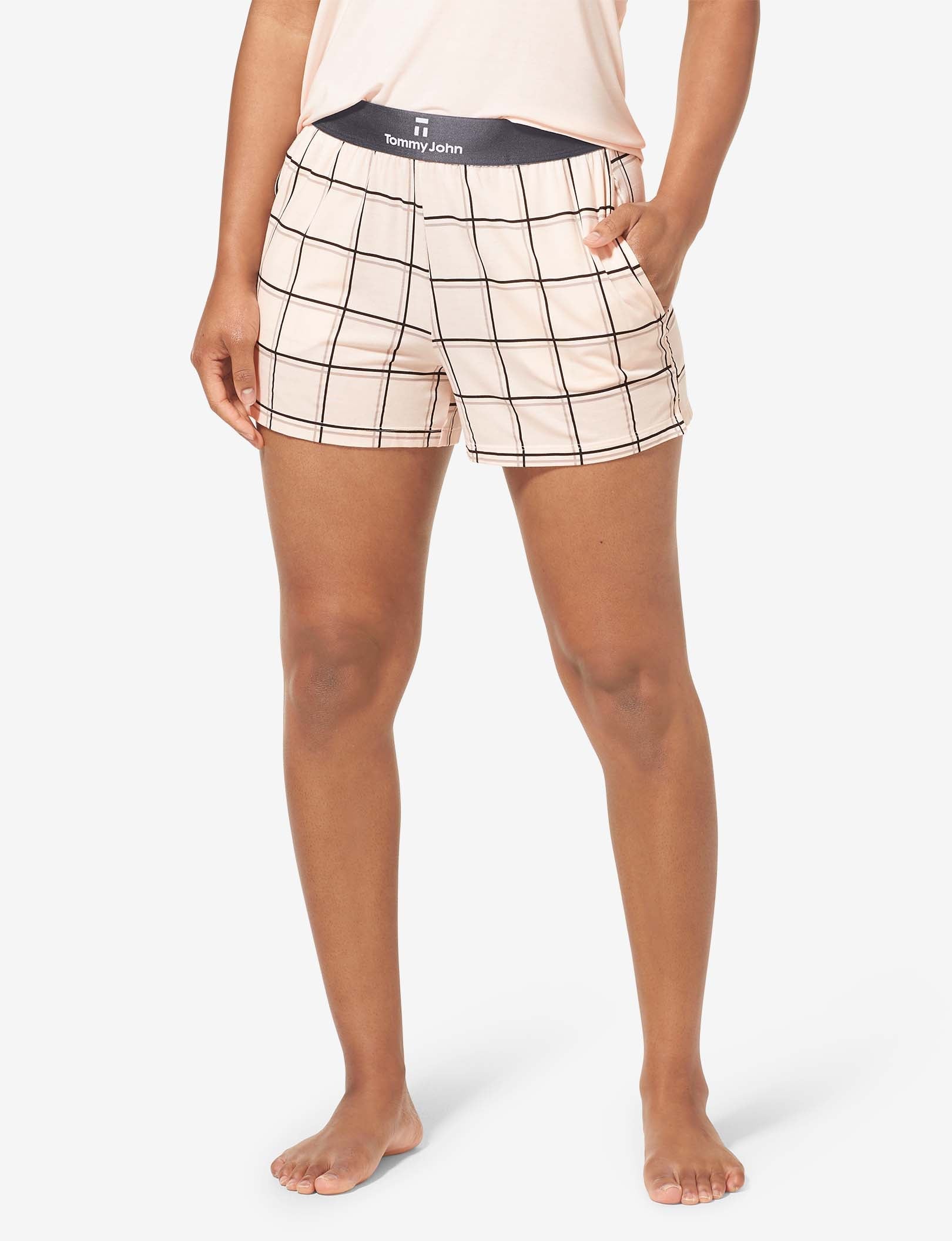 Women's Second Skin Sleep Short::Soft Pink Windowpane