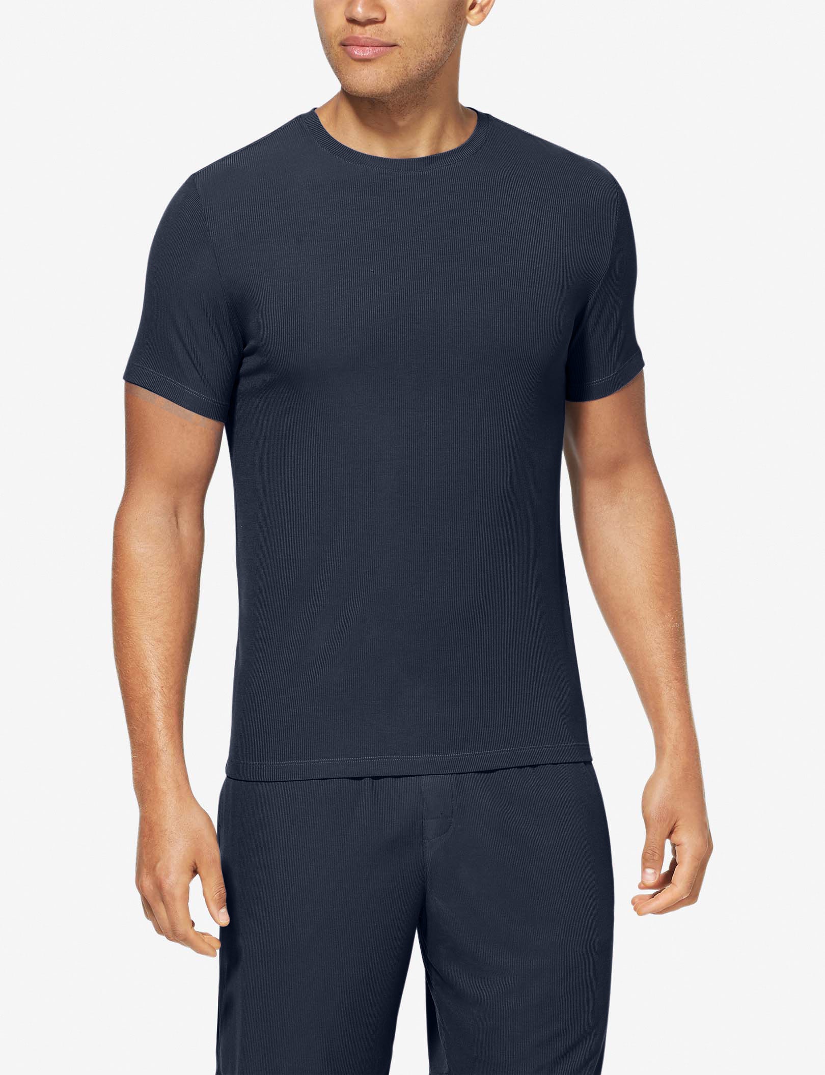 Second Skin Micro Rib Pajama Crew Neck Tee::Navy Blazer Micro Rib