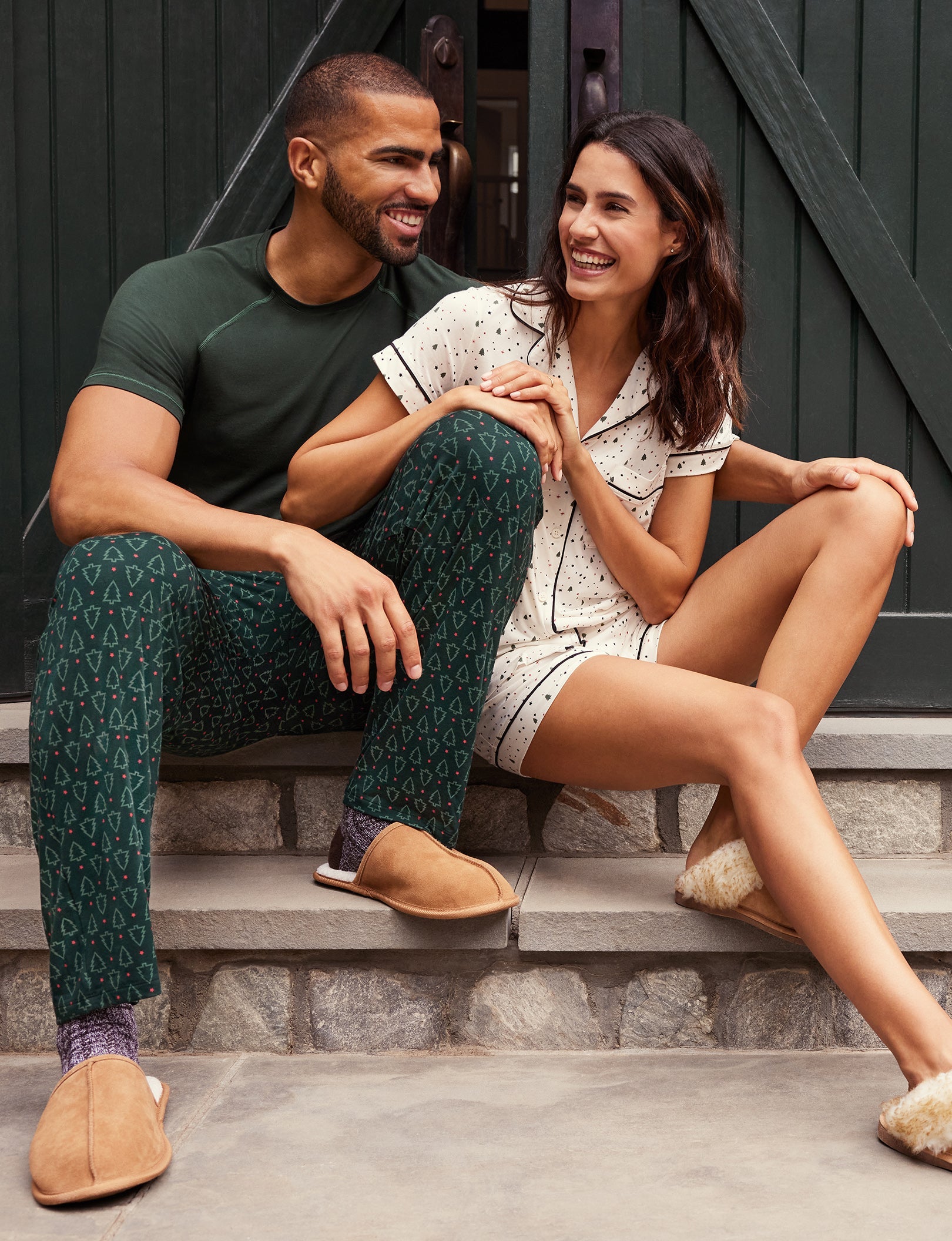 Women's Short Sleeve Top & Short Pajama Set::Coconut Milk Pine Dream