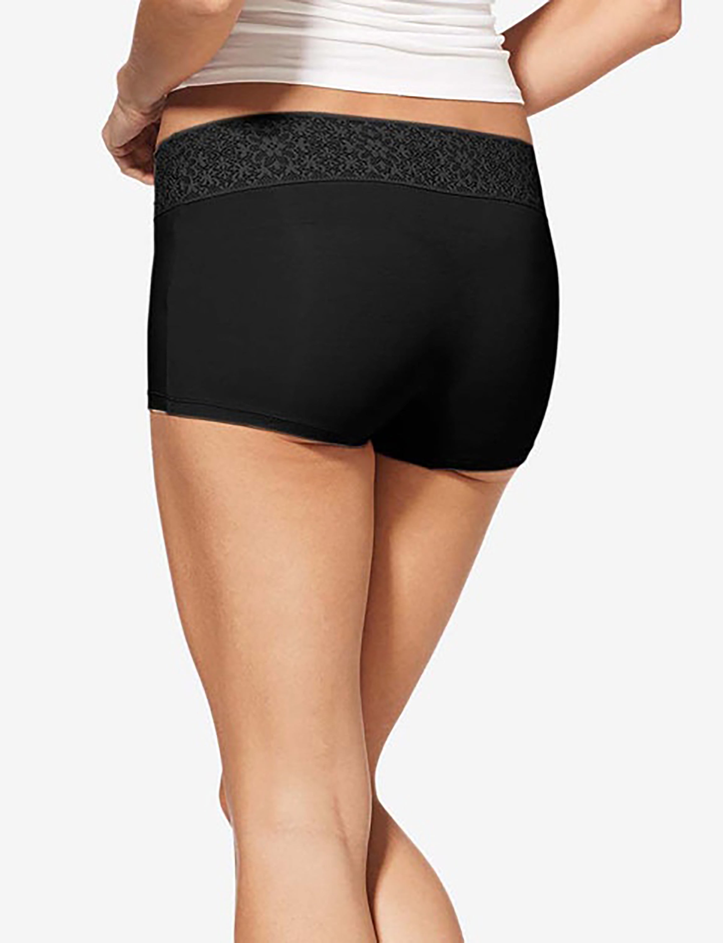 Women's Cool Cotton Boyshort, Lace Waist::Black Lace Waist