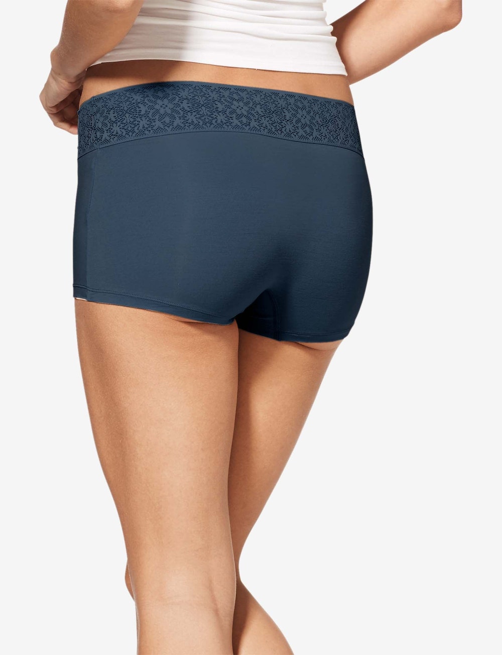 Women's Cool Cotton Boyshort, Lace Waist::Navy Lace Waist