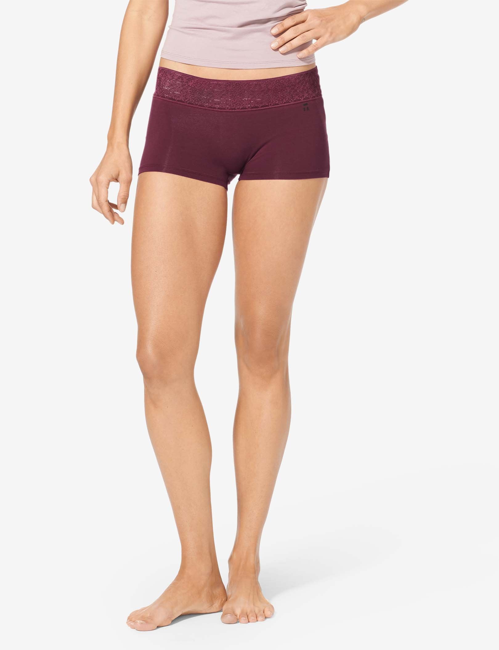 Women's Cool Cotton Boyshort, Lace Waist::Winetasting Lace Waist