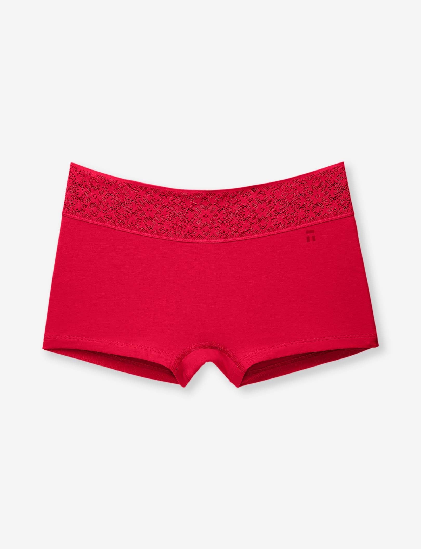 Women's Cool Cotton Boyshort, Lace Waist::Haute Red Lace Waist