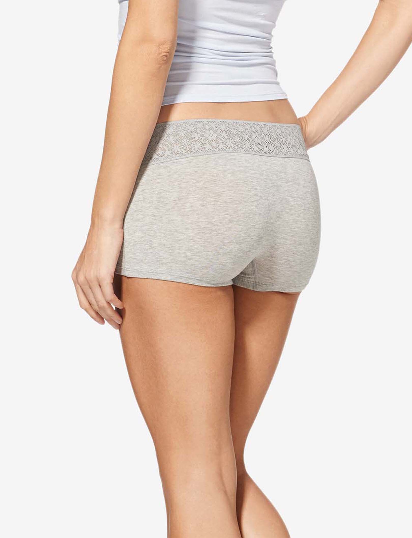 Women's Cool Cotton Boyshort, Lace Waist::Heather Grey Lace Waist
