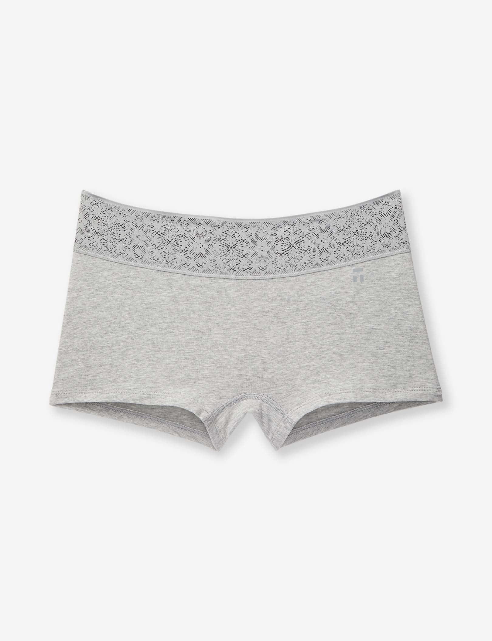 Women's Cool Cotton Boyshort, Lace Waist::Heather Grey Lace Waist
