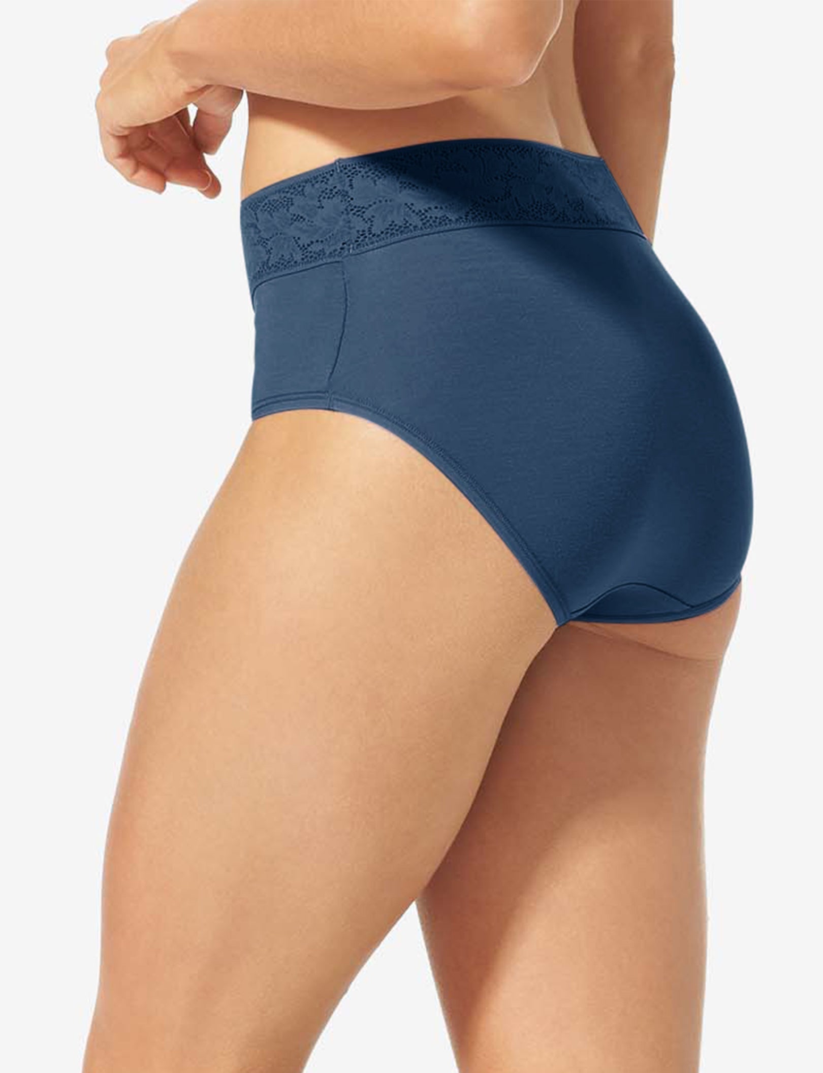 Women's Second Skin High Rise Brief, Lace Waist::Dress Blues Lace