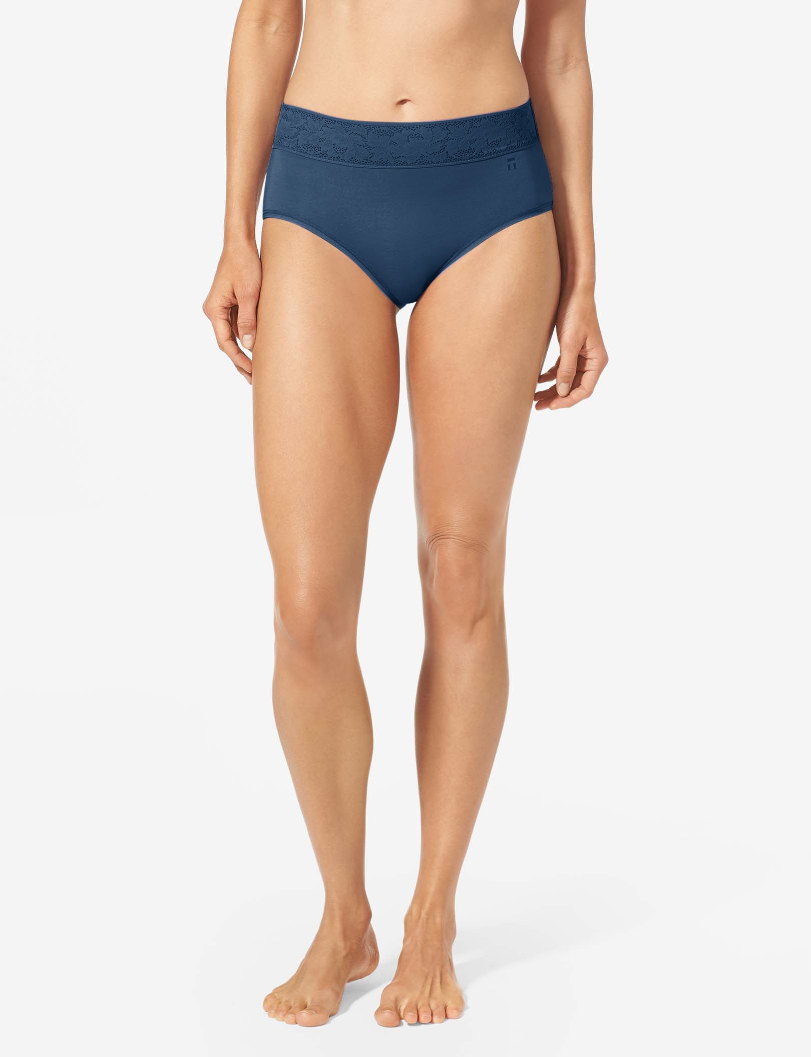 Women's Second Skin High Rise Brief, Lace Waist::Dress Blues Lace