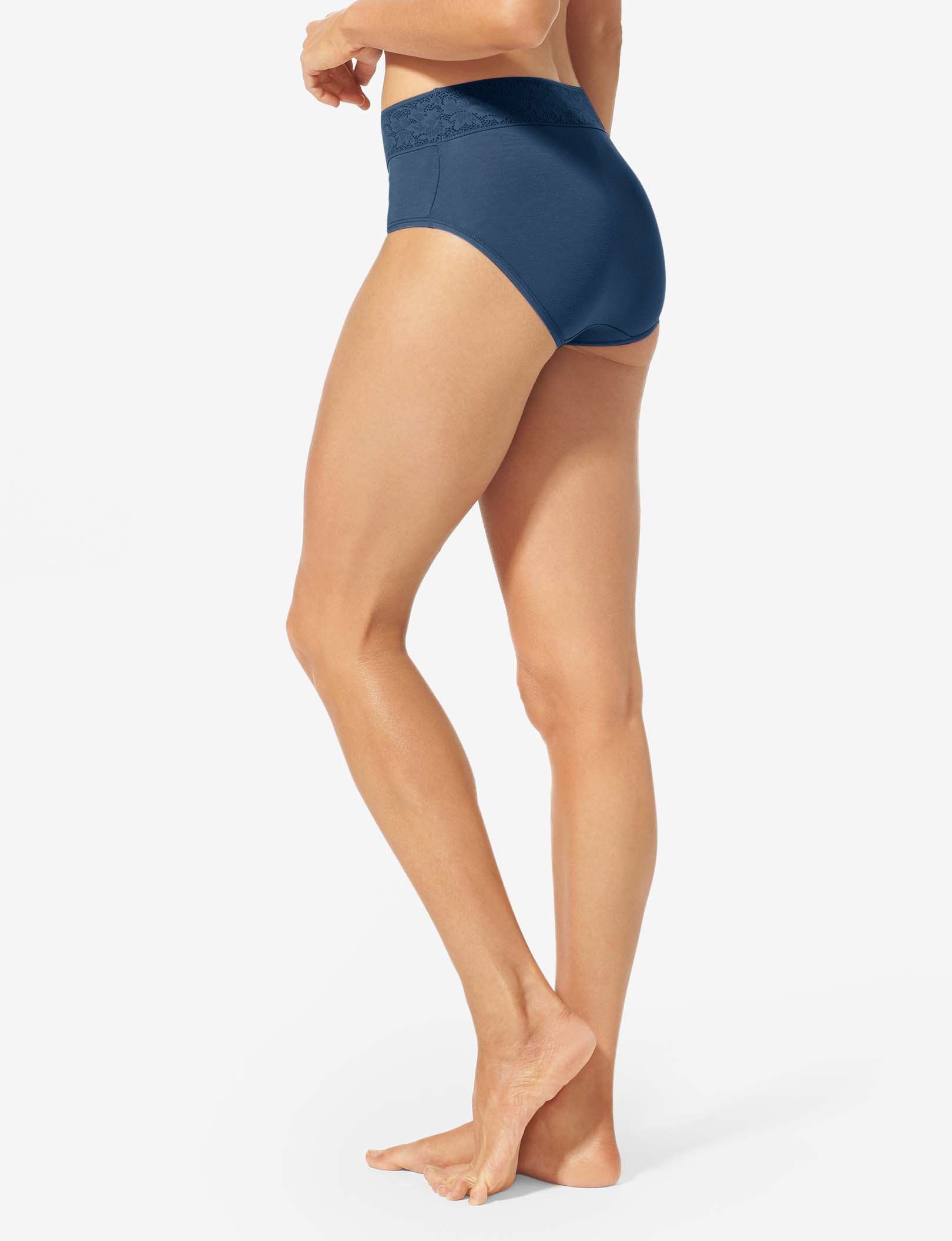 Women's Second Skin High Rise Brief, Lace Waist::Dress Blues Lace
