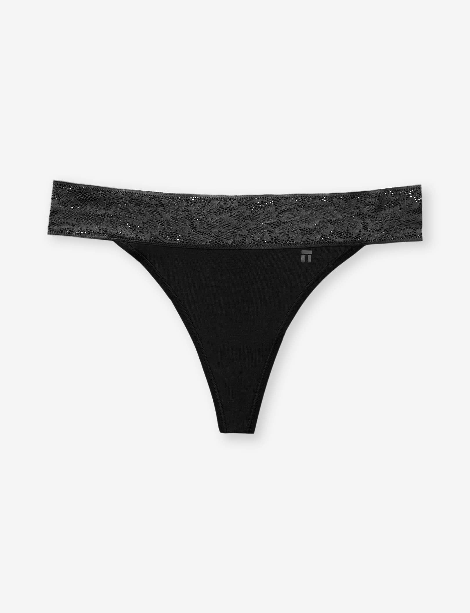 Women's Second Skin Thong, Lace Waist::Black Lace