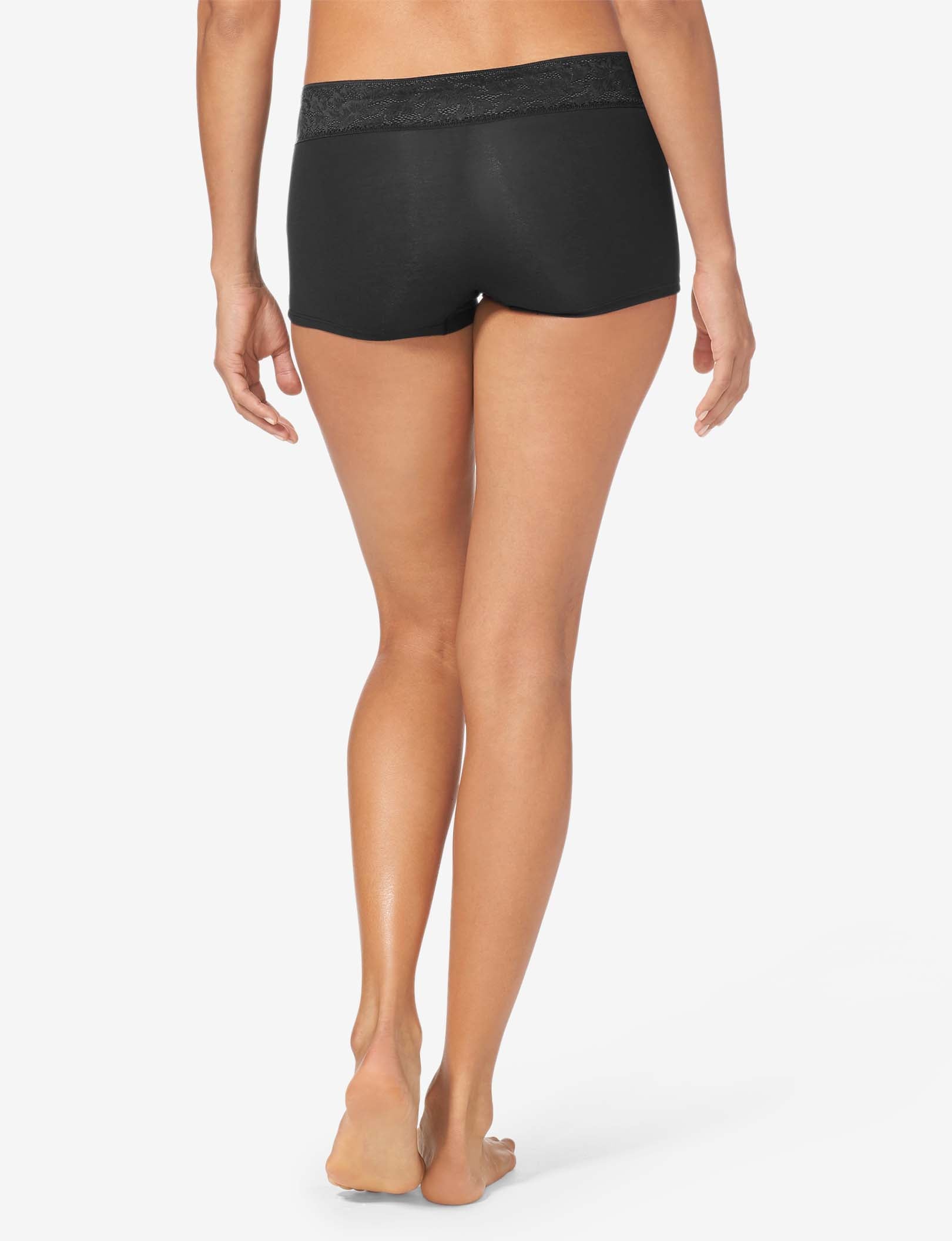 Women's Second Skin Boyshort, Lace Waist::Black Lace
