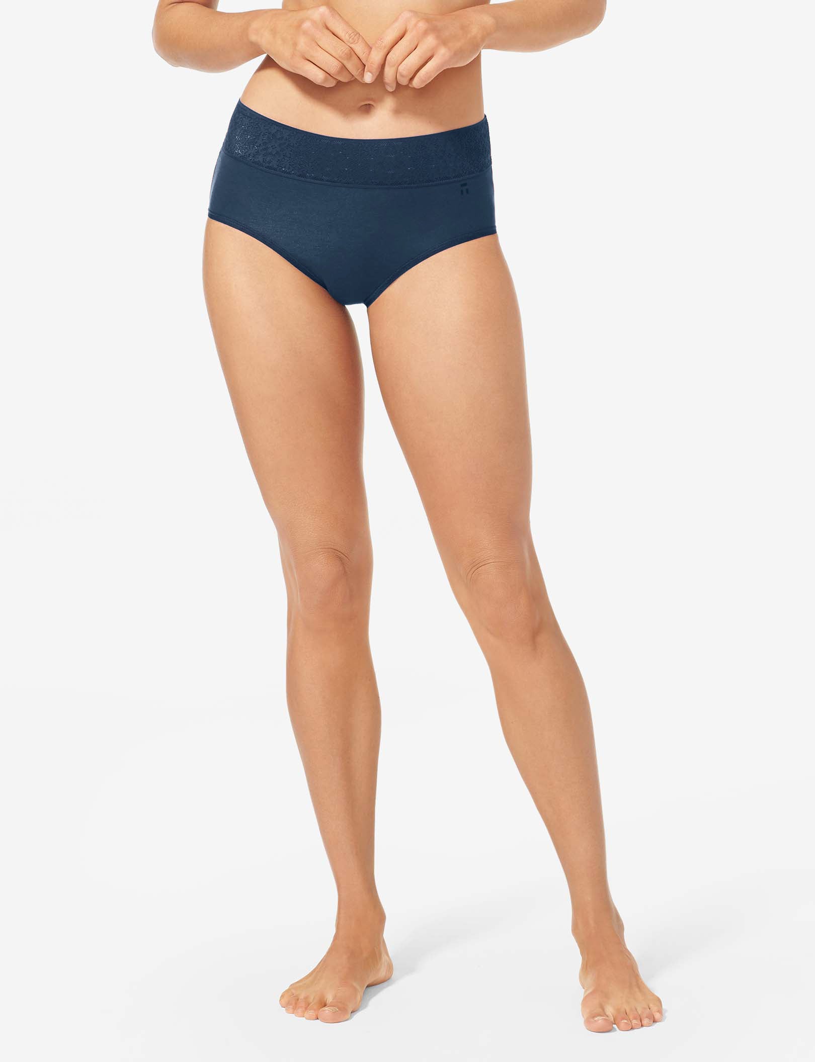Women's Cool Cotton High Rise Brief, Lace Waist::Navy Lace Waist