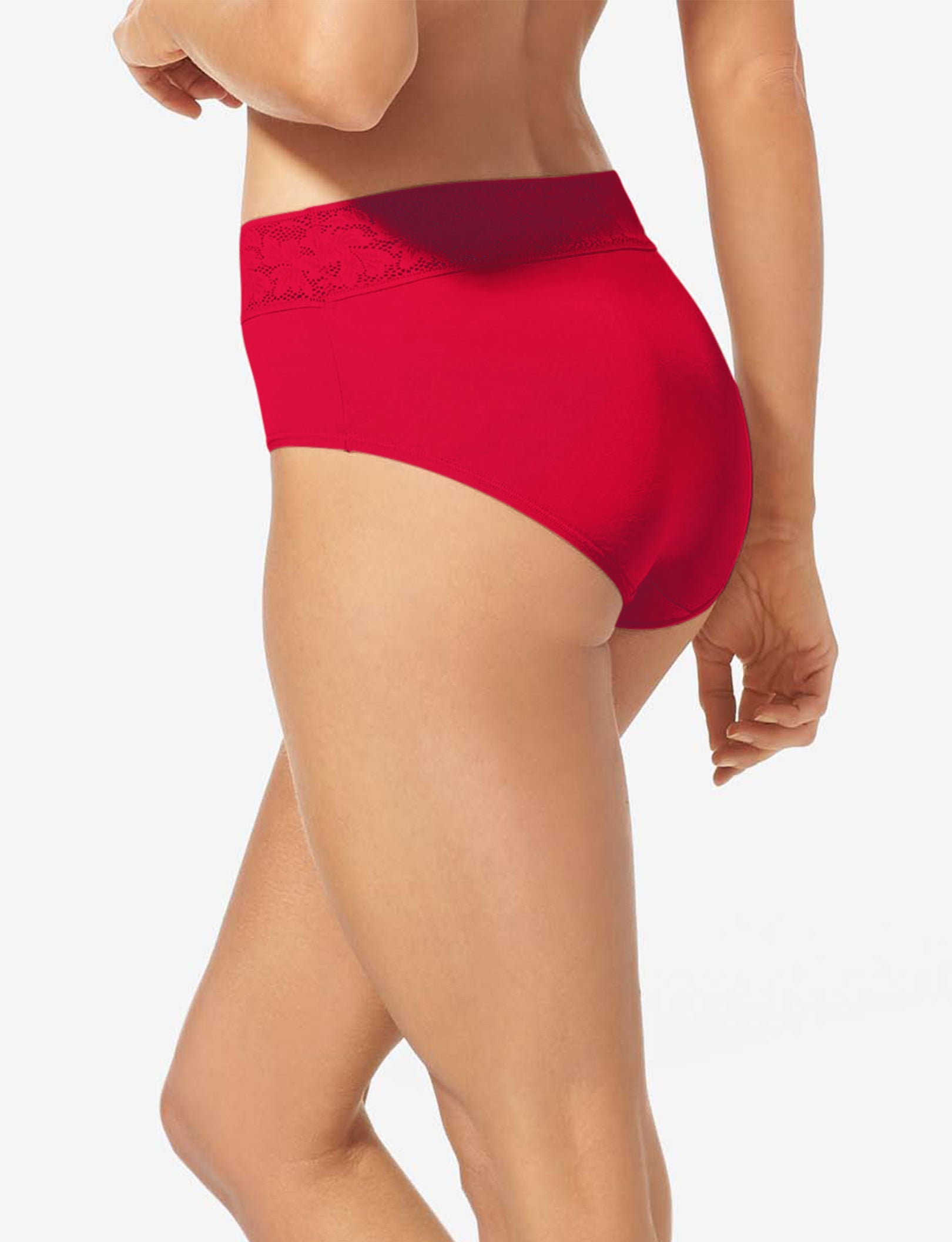 Women's Cool Cotton High Rise Brief, Lace Waist::Haute Red Lace Waist