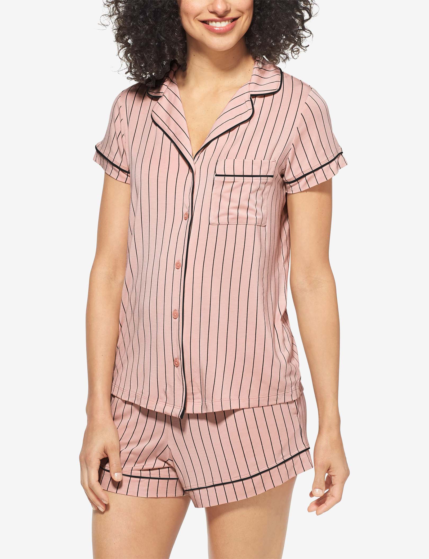 Women's Pajama Short Sleeve Top::Rose Dust Pinstripe