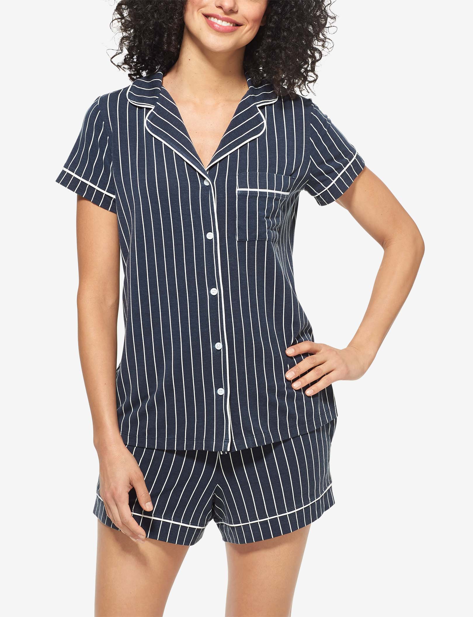 Women's Pajama Short Sleeve Top::Navy Blazer Pinstripe