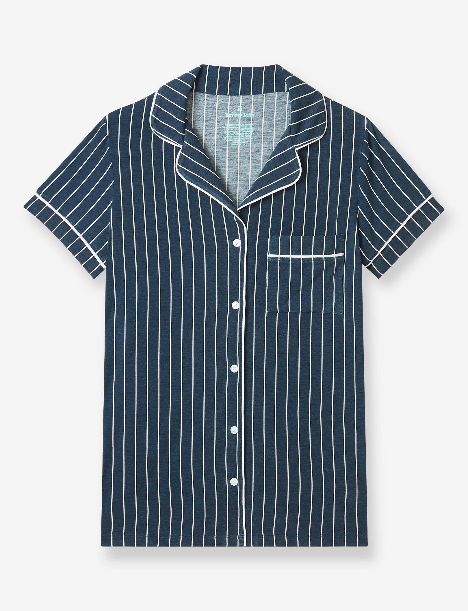 Women's Pajama Short Sleeve Top::Navy Blazer Pinstripe