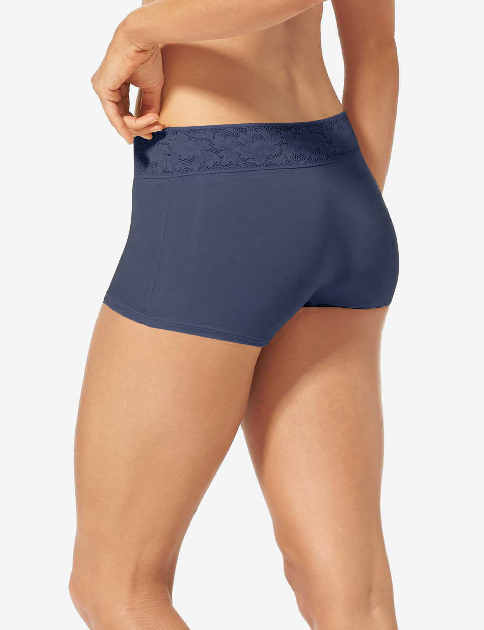 Women's Second Skin Boyshort, Lace Waist::Dress Blues Lace