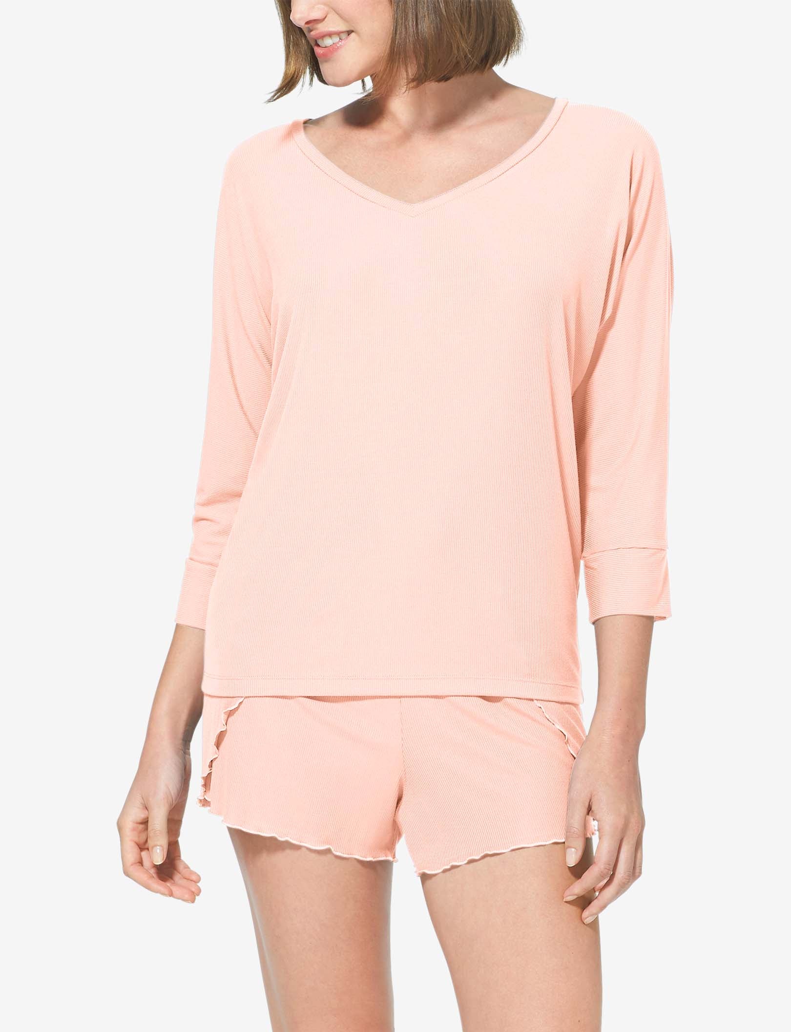 Women's Second Skin V-Neck Sleep Tee, Micro Rib::Pale Blush Micro Rib