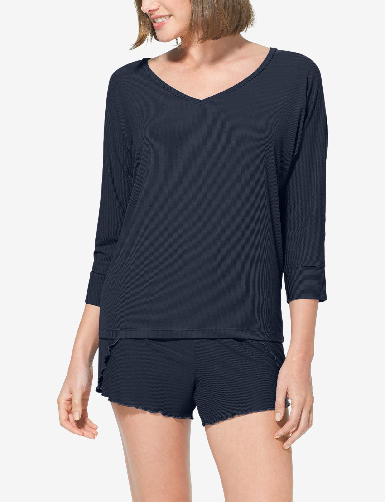 Women's Second Skin V-Neck Sleep Tee, Micro Rib::Navy Blazer Micro Rib