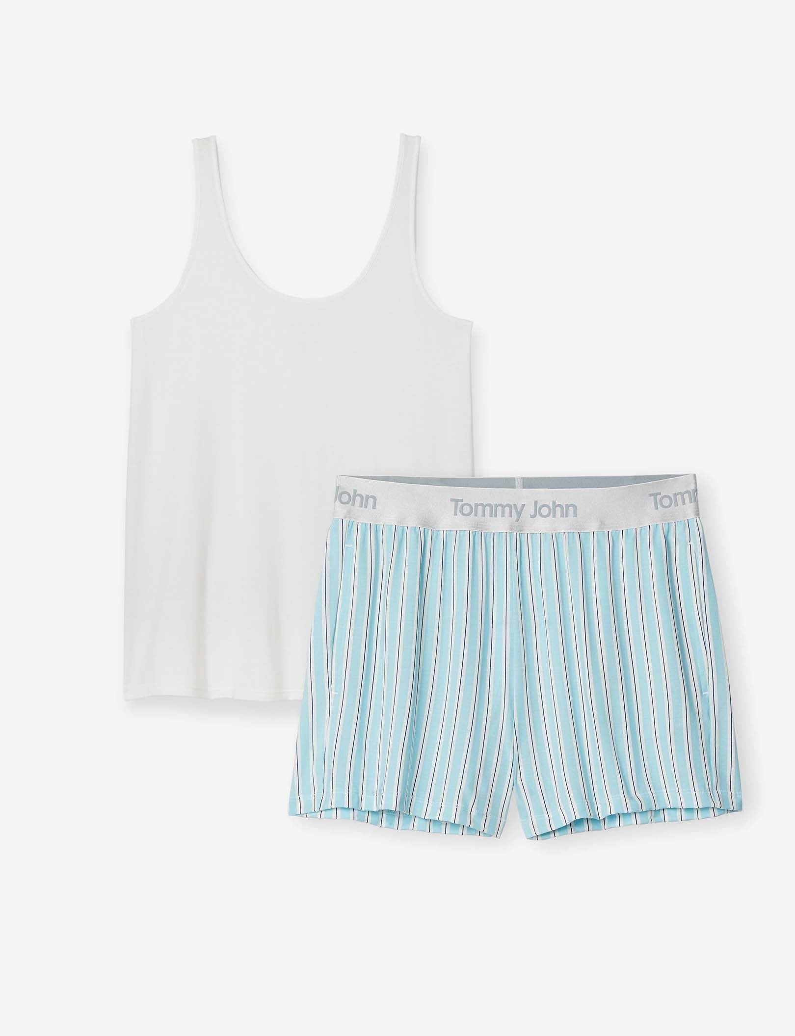 Women's Second Skin Sleep Tank & Short Set::White/Crystal Blue