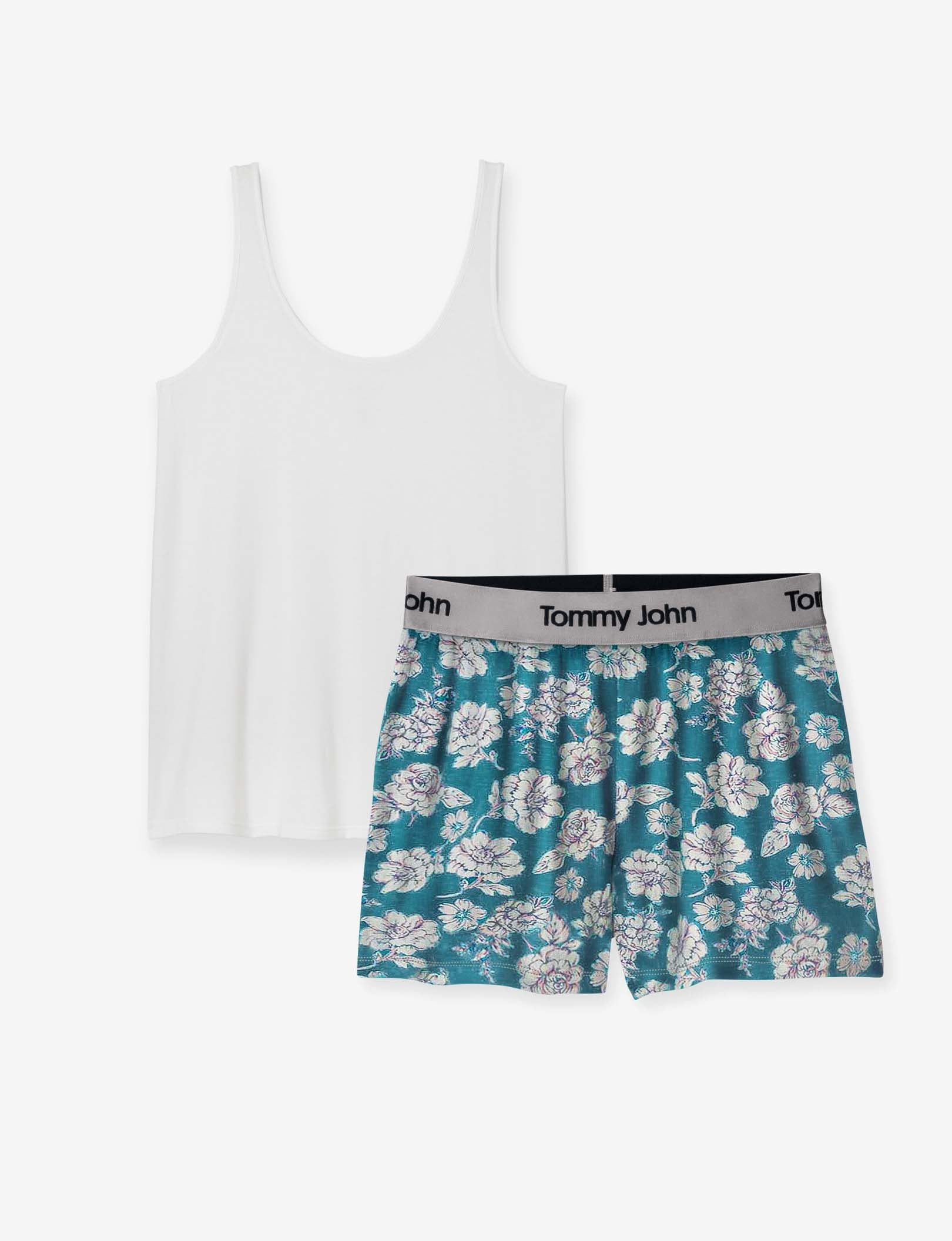 Women's Second Skin Sleep Tank & Short Set::White/Blue Coral