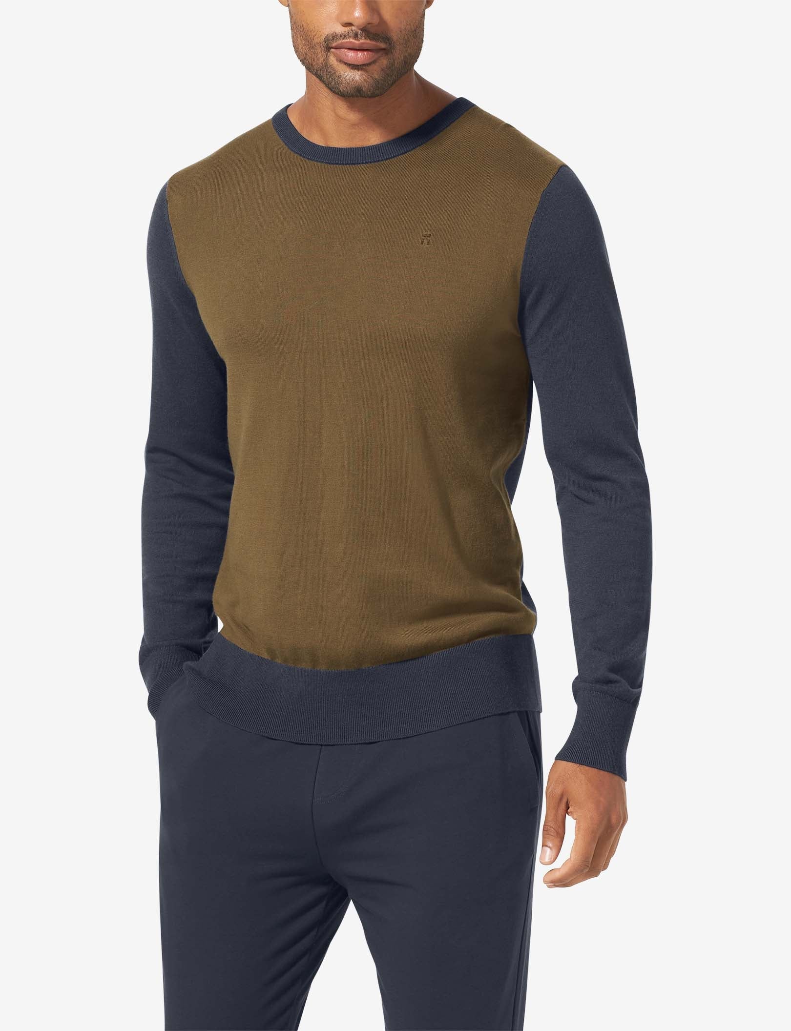 Second Skin Crew Neck Knit Sweater::Dark Olive/Night Sky Colorblock