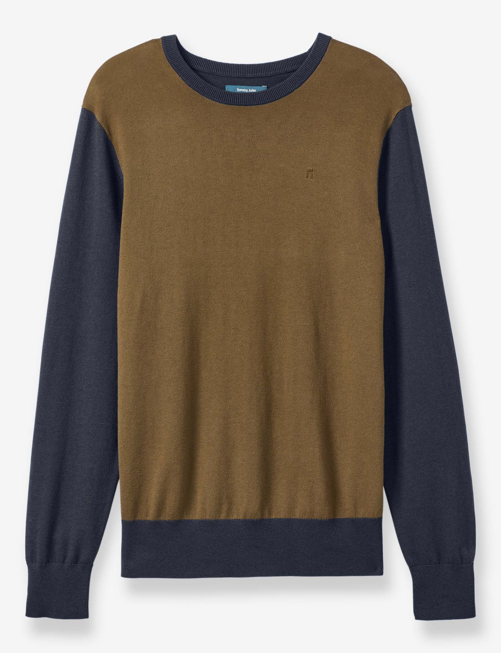 Second Skin Crew Neck Knit Sweater::Dark Olive/Night Sky Colorblock