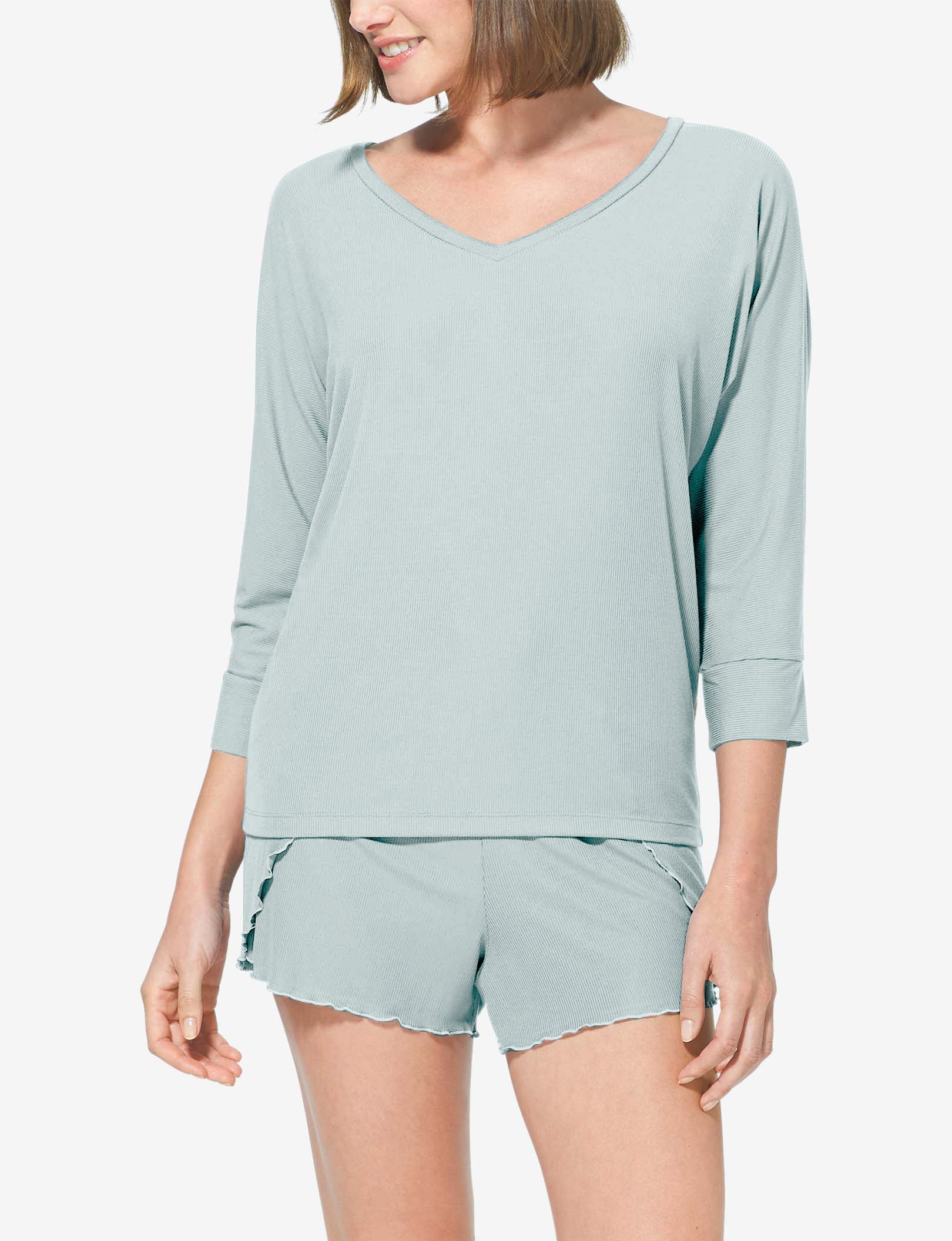 Women’s Second Skin Micro Rib V-Neck Sleep Tee::Blue Haze Micro Rib