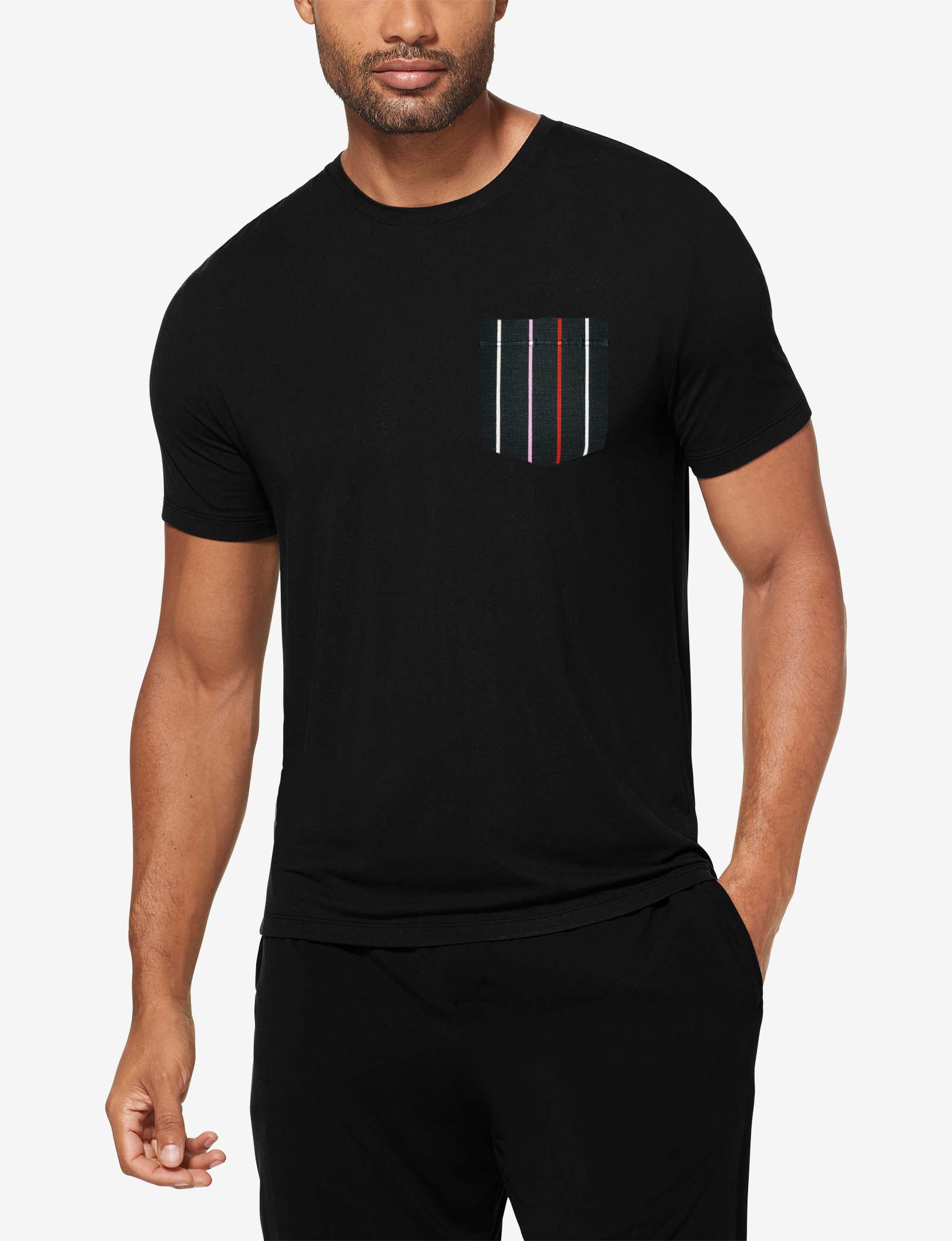 Second Skin Sleep Crew Neck Pocket Tee::Black/Stripe Pocket