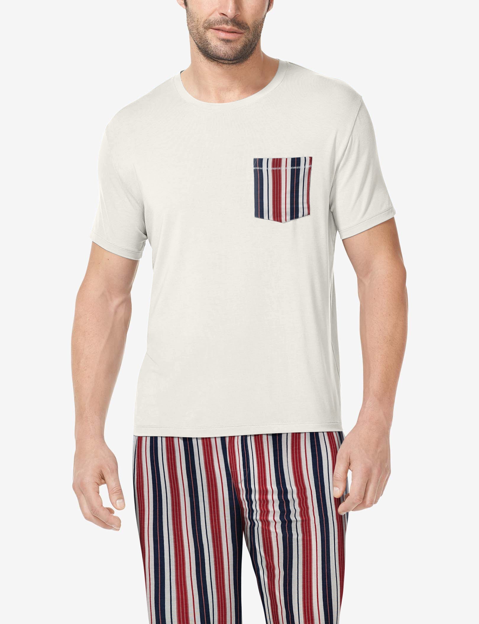 Second Skin Sleep Crew Neck Pocket Tee::Coconut Milk/July Pinstripe Pocket